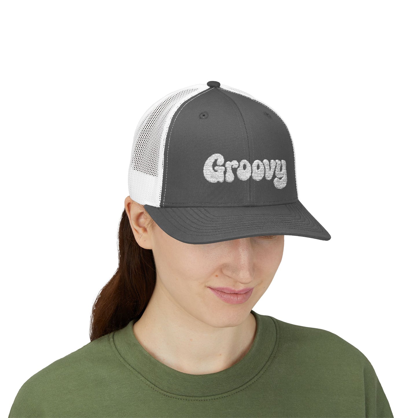 Groovy Trucker Hat – Retro Embroidered Hat with 70s Style Font for Funky Vibes, Chill Days, and Vintage Cool. White Letters