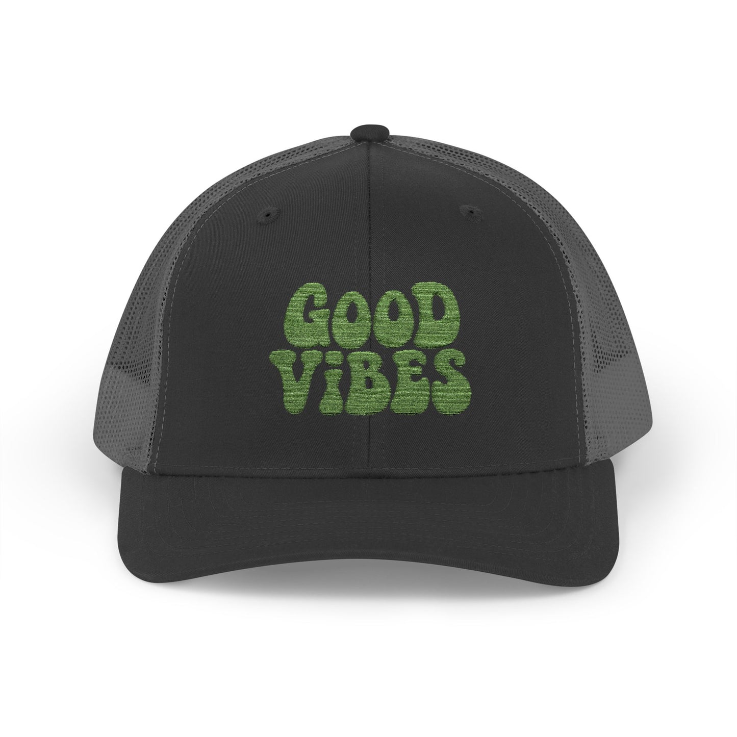 Good Vibes Trucker Hat – Embroidered Retro Text Hat for Positive Vibes, Chill Style, and Everyday Feel-Good Energy. Green Letters