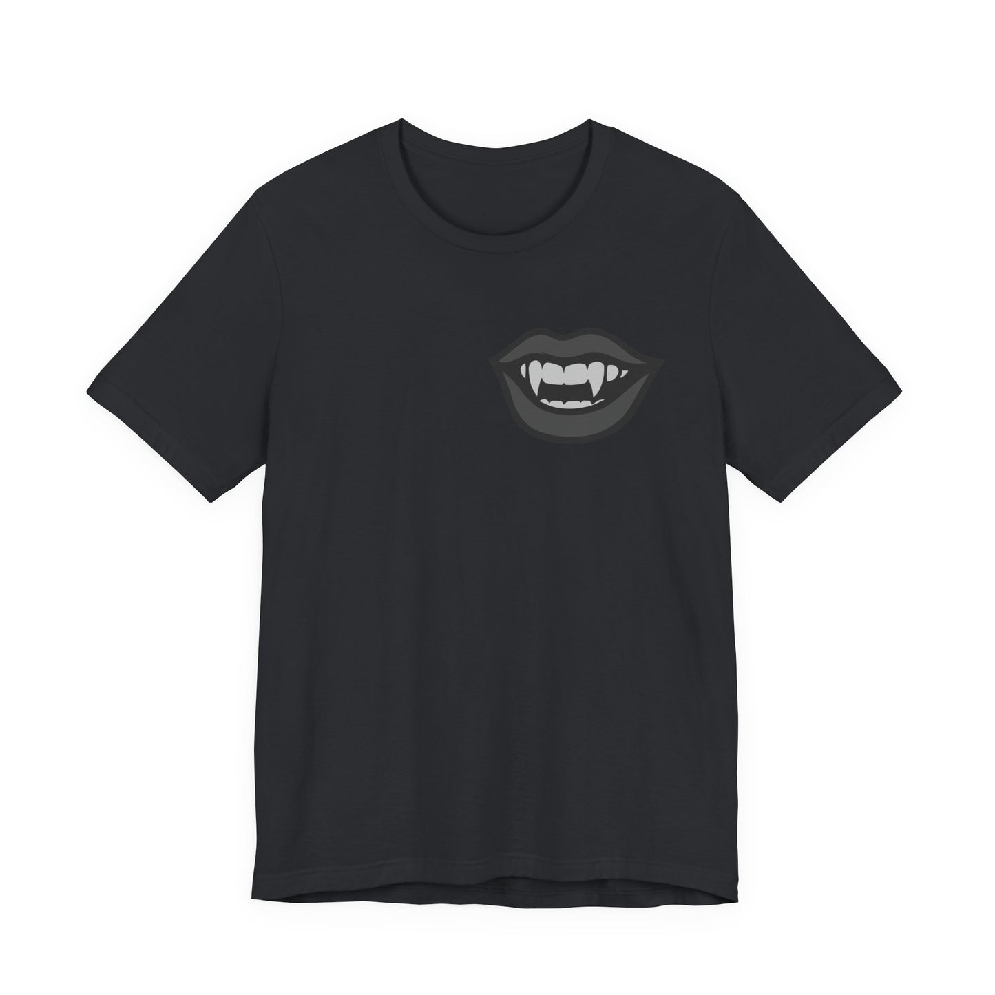 Vampire Mouth Graphic T-Shirt – Dark Theme Grayscale Fanged Lips on Black Tee with Gothic Bite and Modern Ghost Effect. Unisex Jersey Short Sleeve Tee