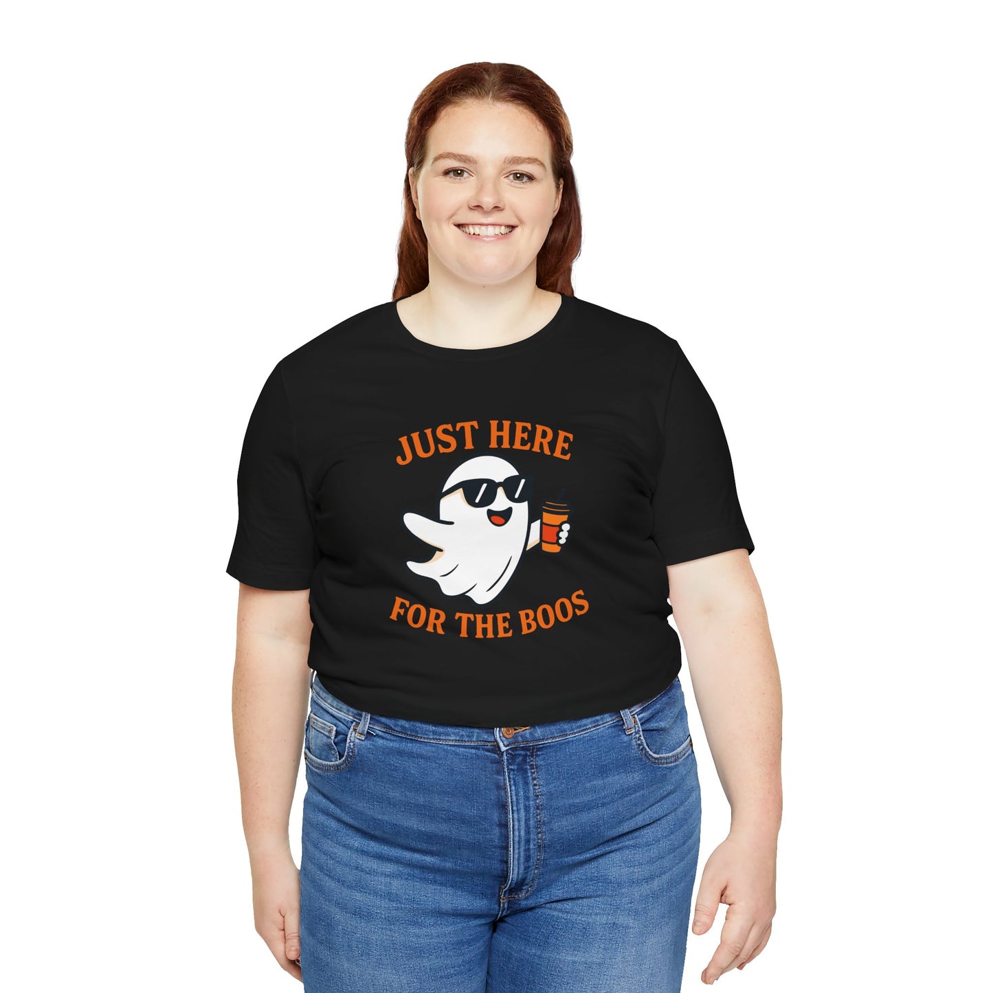 Just Here for the Boos Halloween Shirt – Funny Ghost Drinking Coffee Graphic Tee for Spooky Season
