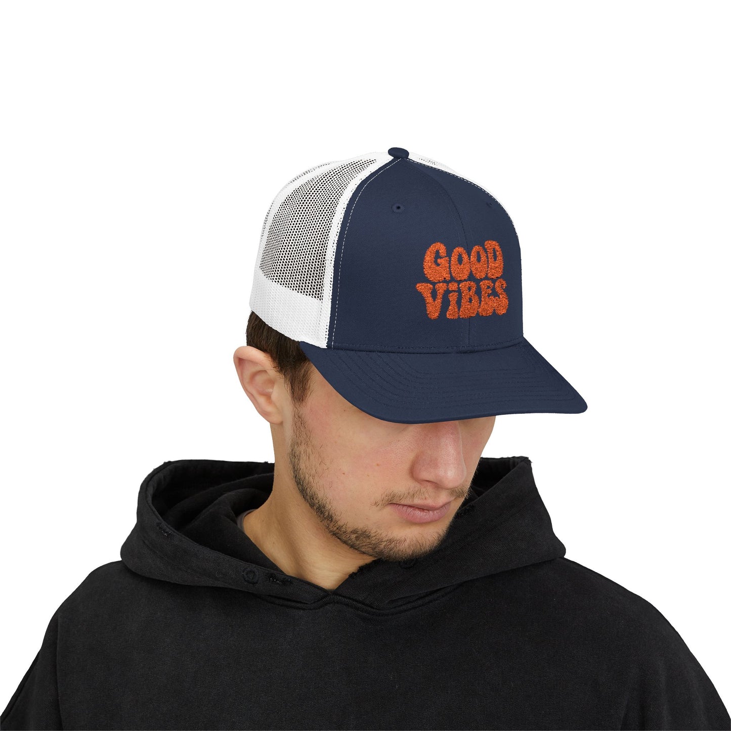 Good Vibes Trucker Hat – Embroidered Retro Text Hat for Positive Vibes, Chill Style, and Everyday Feel-Good Energy. Orange Letters