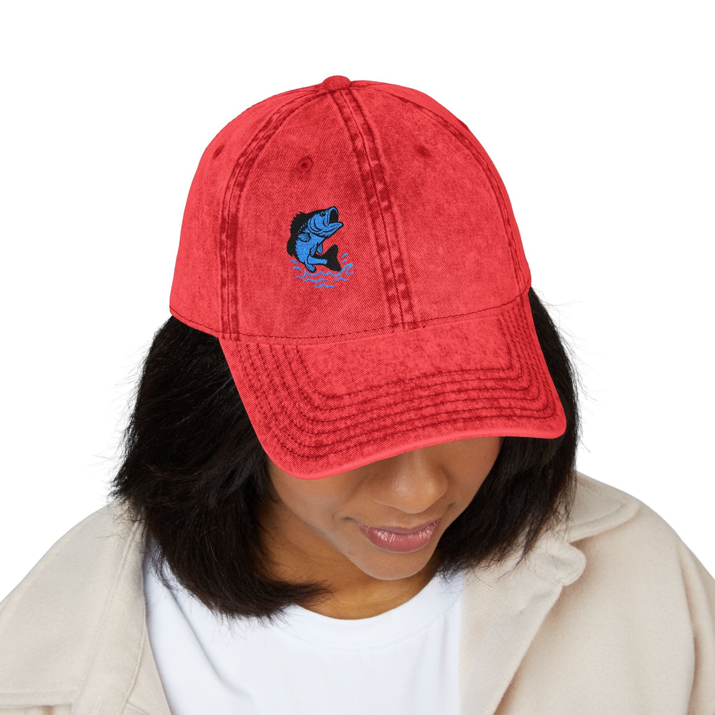Jumping Fish Vintage Hat – Embroidered Blue Fishing Hat for Anglers, Lake Days, and Outdoor Style