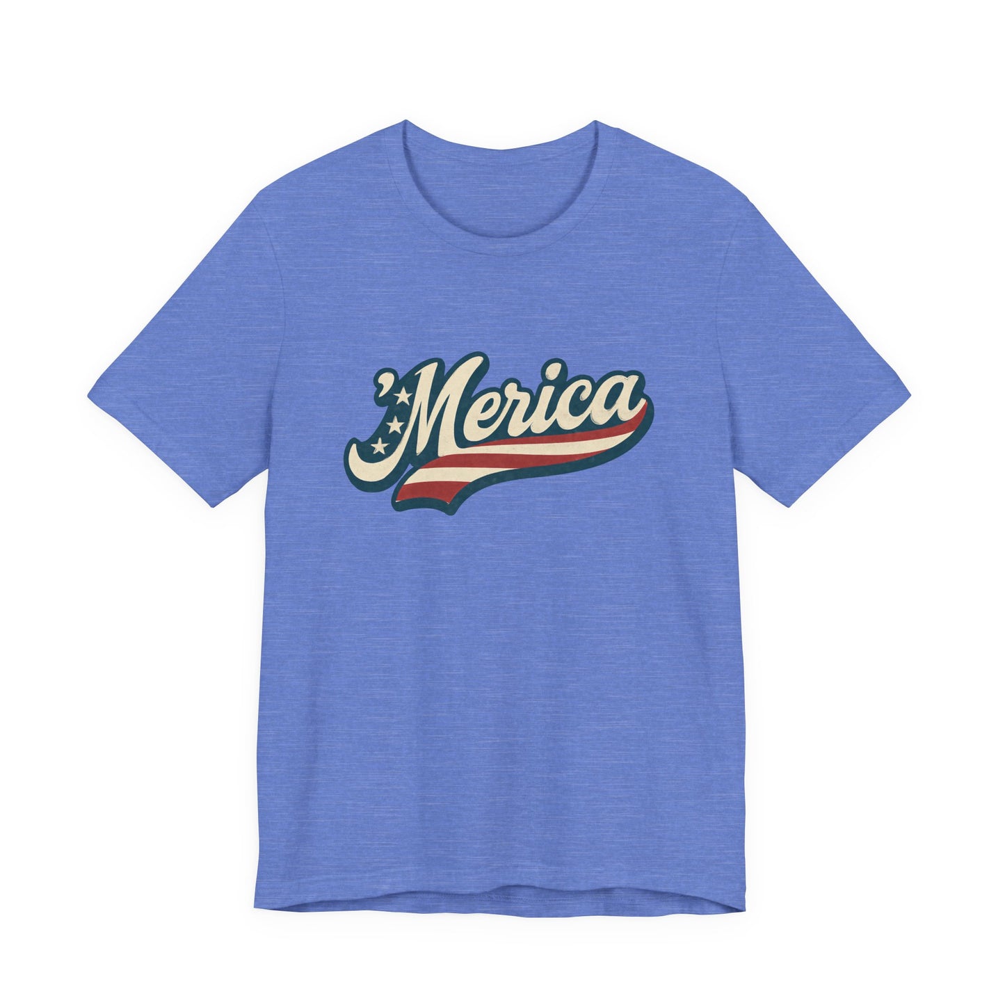 'Merica Vintage Script Shirt – Patriotic Retro USA Tee for 4th of July – Independence Day American Pride Design. Unisex Jersey Short Sleeve Tee