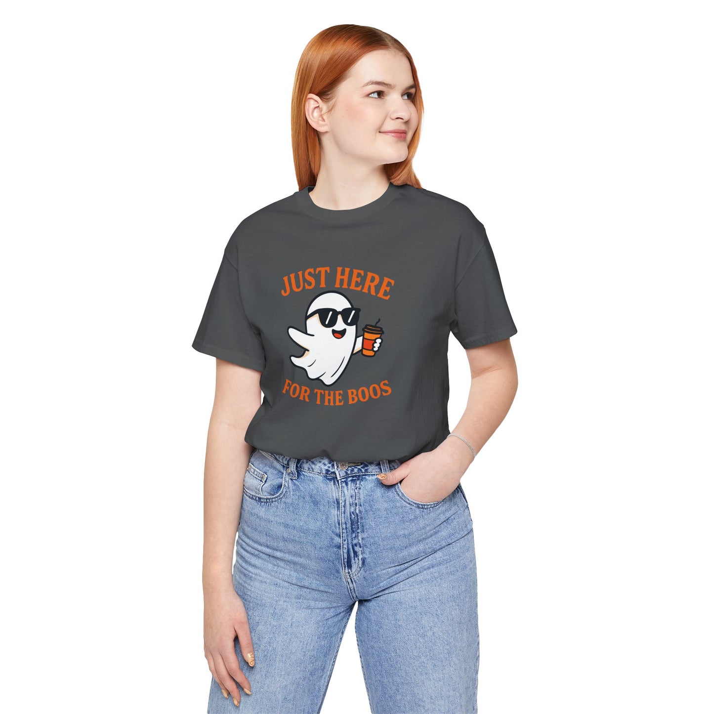 Just Here for the Boos Halloween Shirt – Funny Ghost Drinking Coffee Graphic Tee for Spooky Season