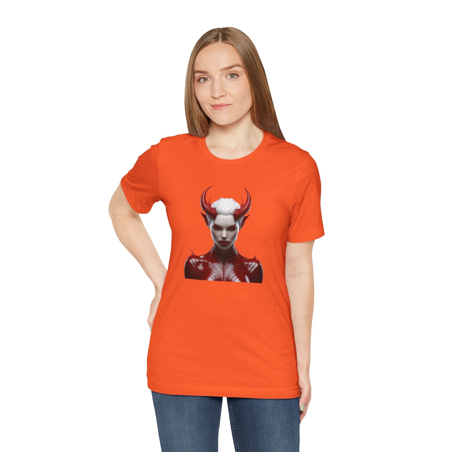 Fierce Devil Woman Halloween Shirt – Seductive Demon Graphic Tee for Bold Halloween Style