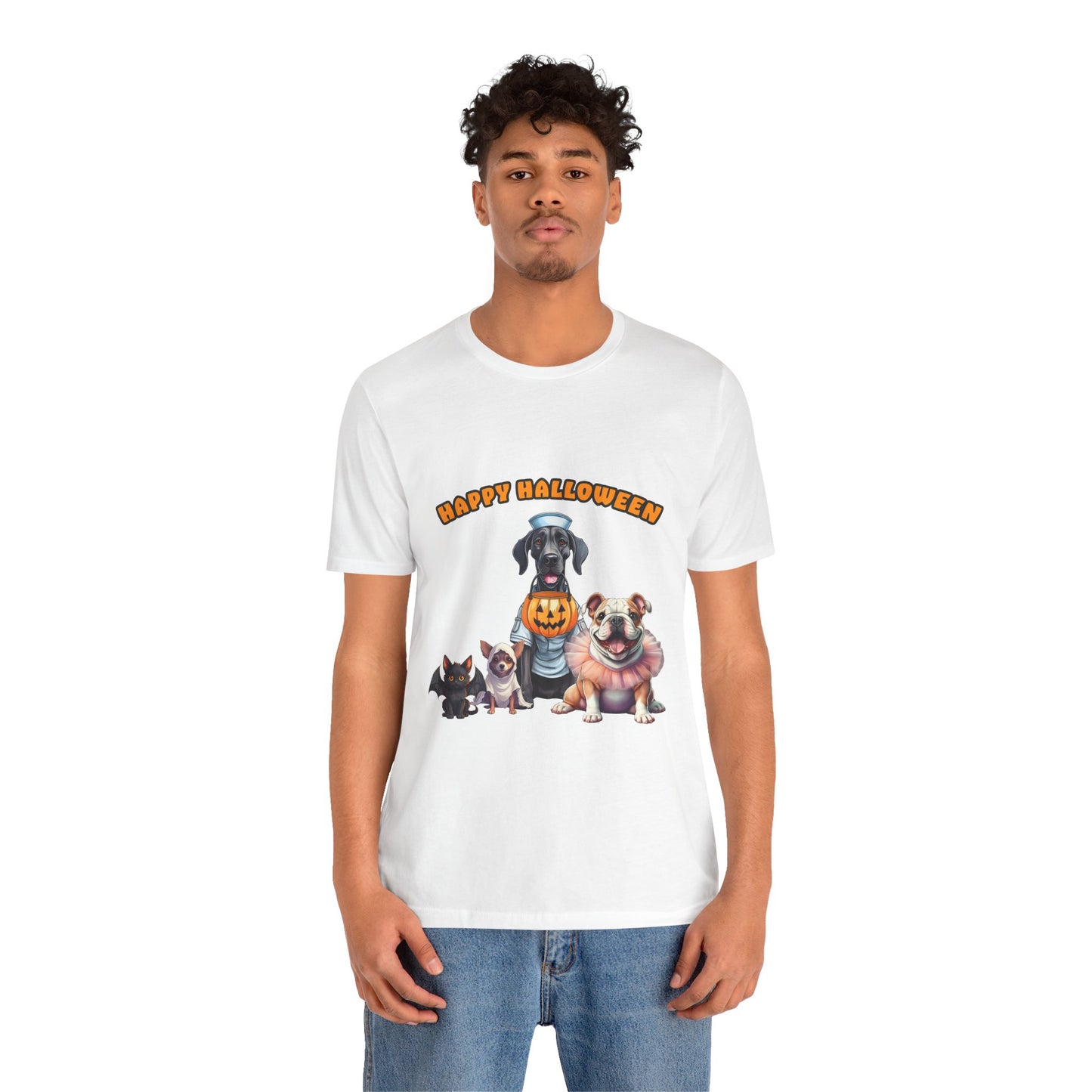 Happy Halloween Pet Parade Shirt – Cute Halloween Dogs and Cat in Costumes. Unisex Jersey Short Sleeve Tee