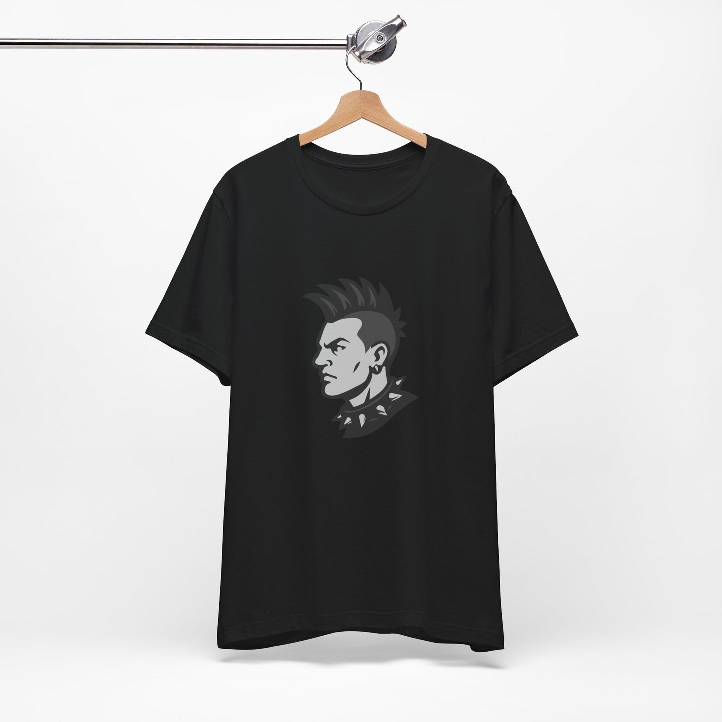 Punk Guy Graphic T-Shirt – Dark Theme Grayscale Mohawk Portrait on Black Tee with Attitude and Subtle Modern Ghost Effect. Unisex Jersey Short Sleeve Tee