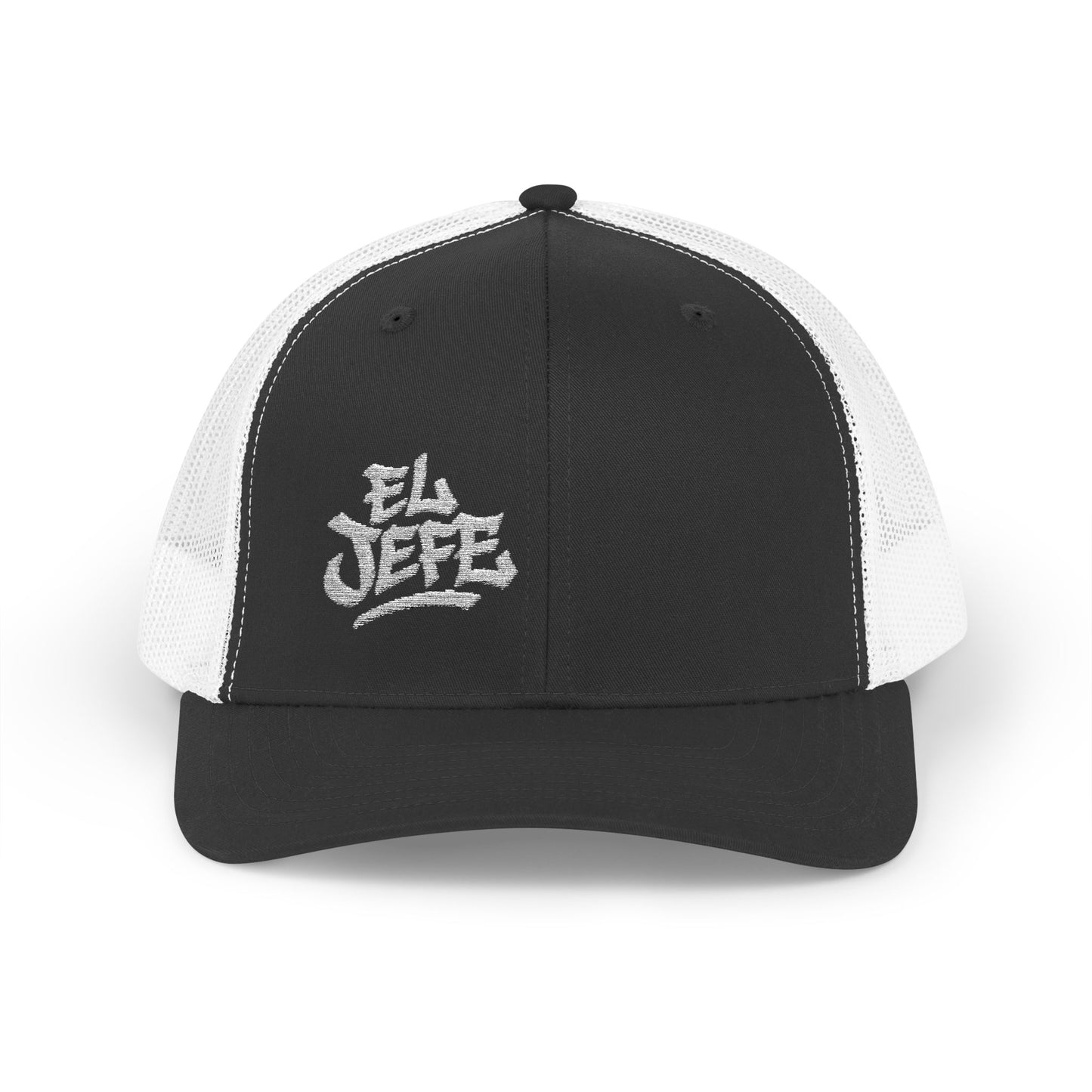 El Jefe Trucker Hat – Embroidered Bold Text Hat for Boss Energy, Leadership Style, and Latin Flair. White Letters