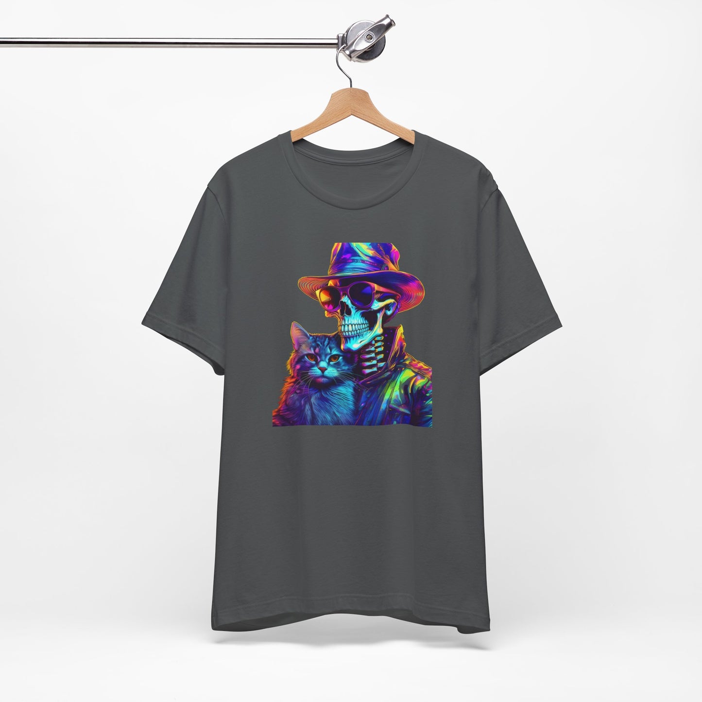Cool Skeleton and Cat Halloween Shirt – Neon Retro Horror Graphic Tee for Spooky Style and Cat Lovers