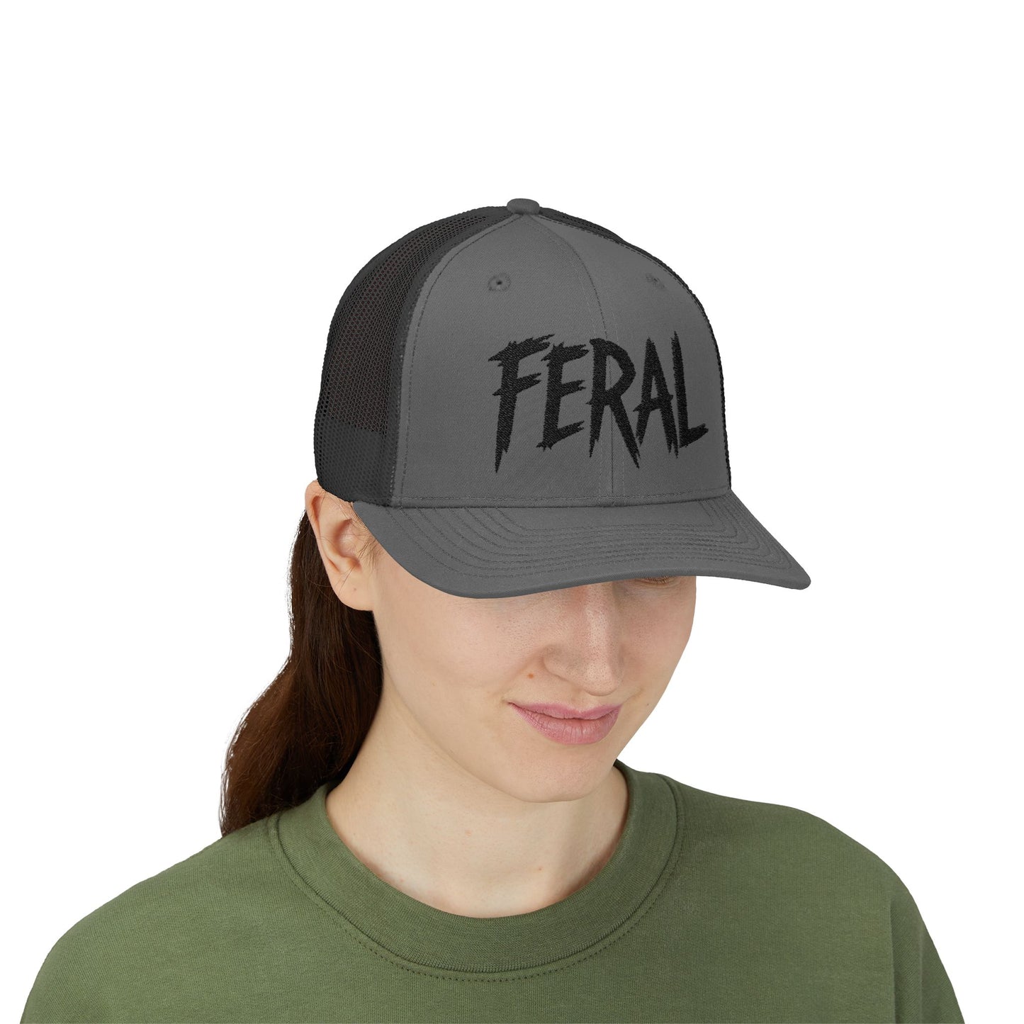 FERAL Embroidered Trucker Hat – Bold Statement Baseball Hat with Wild Energy Font for Rebels, Misfits, and Chaos Enthusiasts