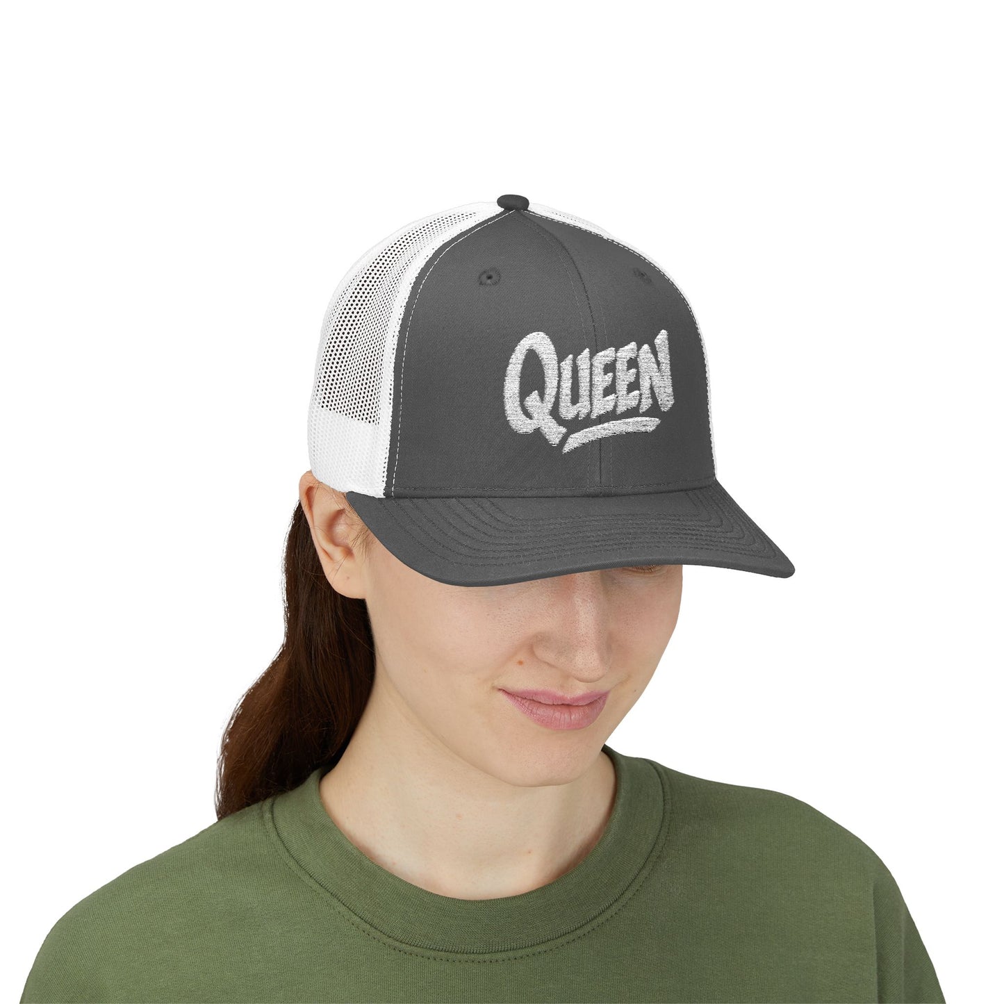 Queen Trucker Hat – Embroidered Crown Hat for Confident Women. White Letters