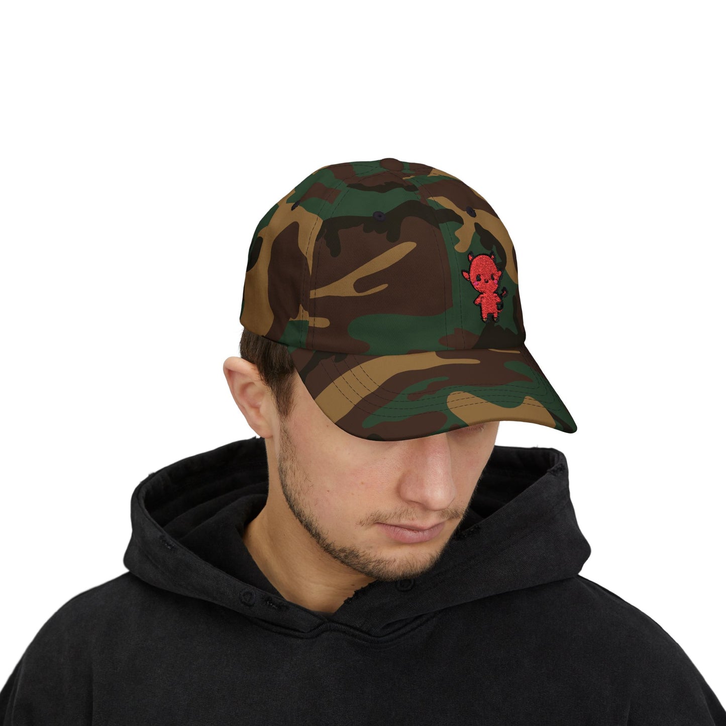 Lil Devil Embroidered Classic Dad Hat – Cute Red Devil Design for Halloween, Spooky Style, and Mischievous Everyday Vibes