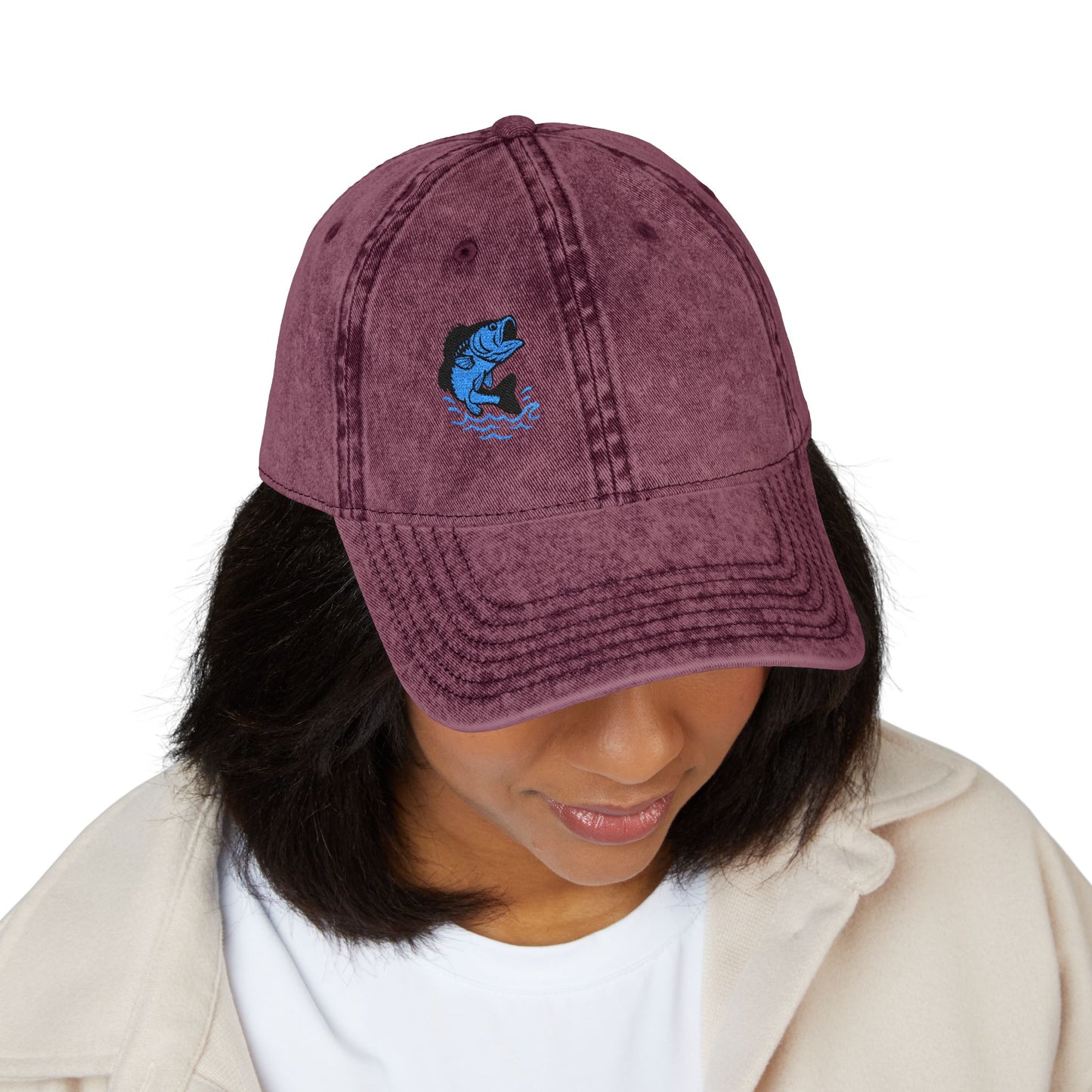 Jumping Fish Vintage Hat – Embroidered Blue Fishing Hat for Anglers, Lake Days, and Outdoor Style