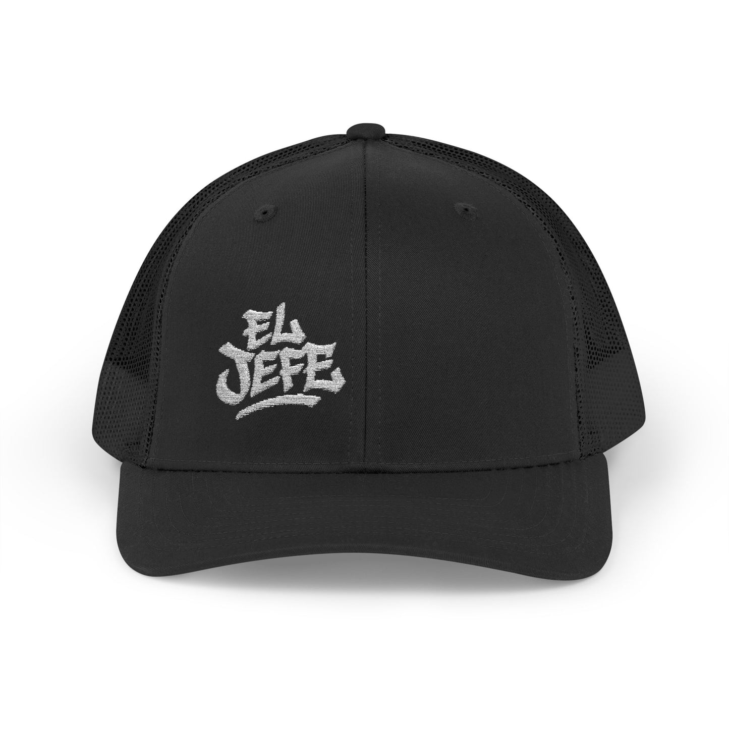 El Jefe Trucker Hat – Embroidered Bold Text Hat for Boss Energy, Leadership Style, and Latin Flair. White Letters