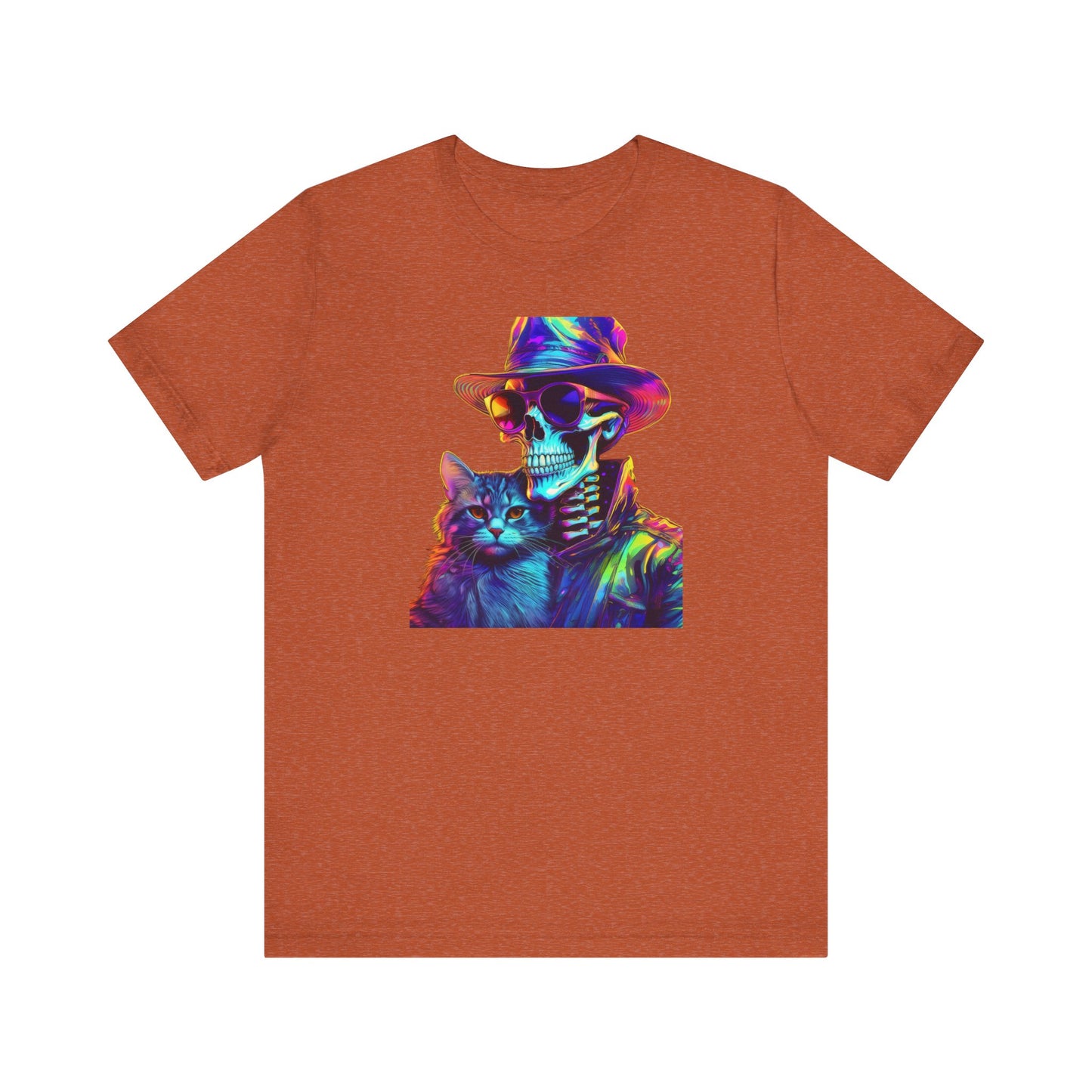 Cool Skeleton and Cat Halloween Shirt – Neon Retro Horror Graphic Tee for Spooky Style and Cat Lovers