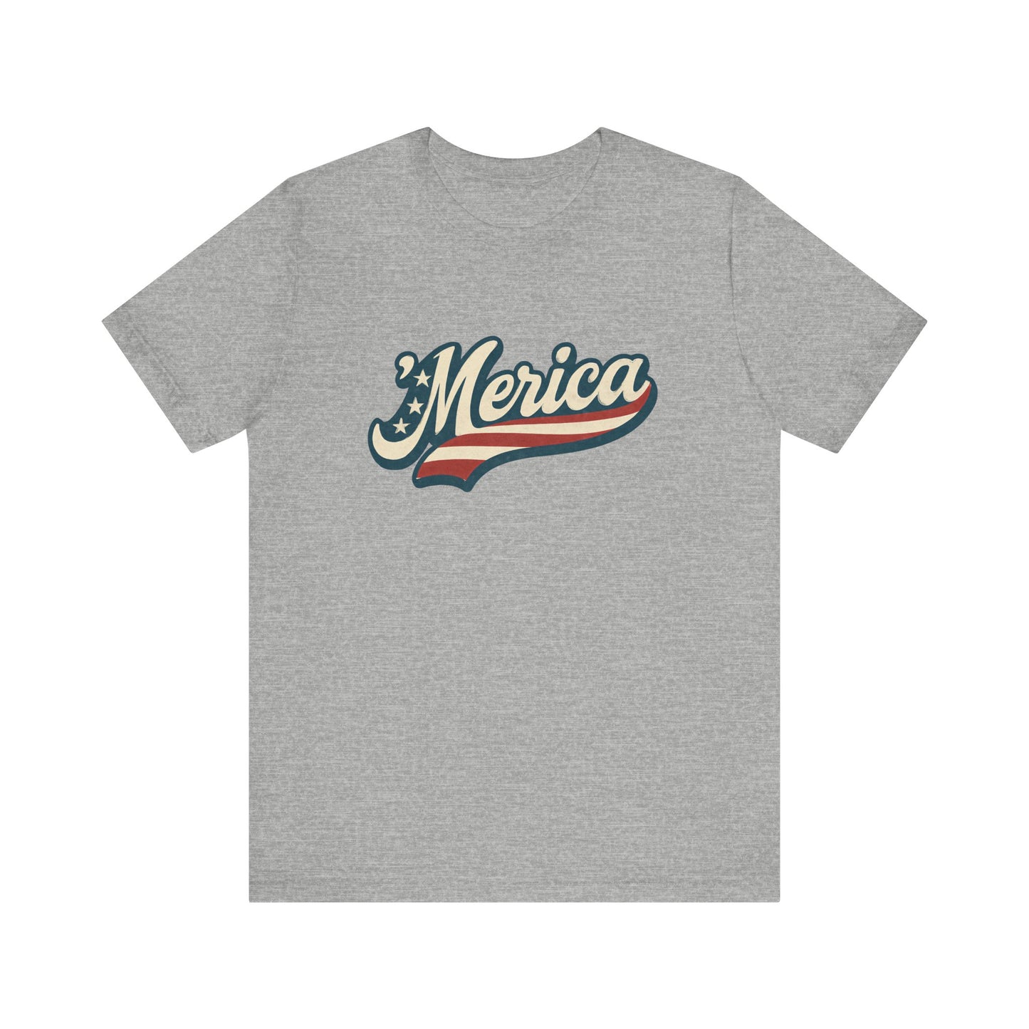'Merica Vintage Script Shirt – Patriotic Retro USA Tee for 4th of July – Independence Day American Pride Design. Unisex Jersey Short Sleeve Tee