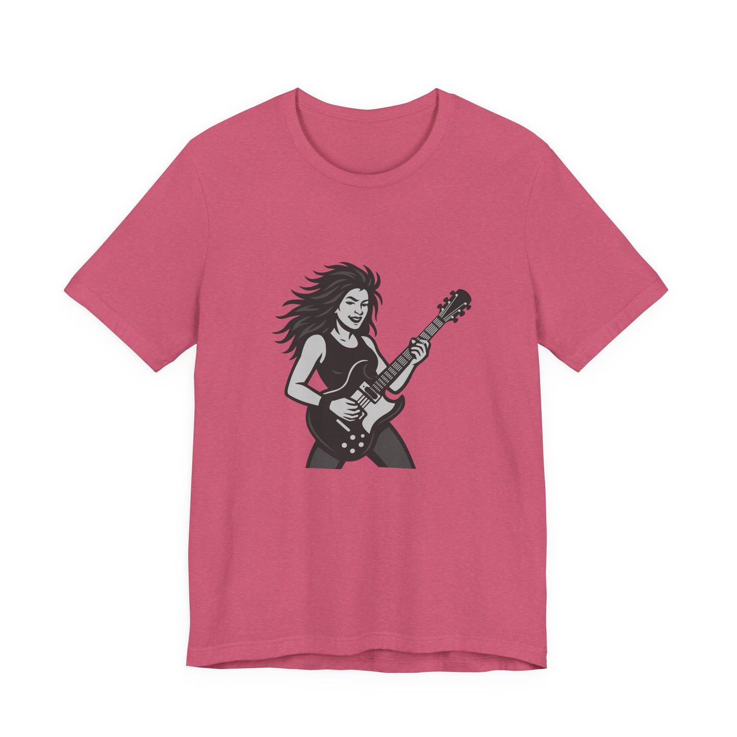 Rock Guitar Girl Graphic T-Shirt – Dark Theme Grayscale Electric Guitarist Design on Black Tee with Music Attitude and Modern Ghost Effect. Unisex Jersey Short Sleeve Tee