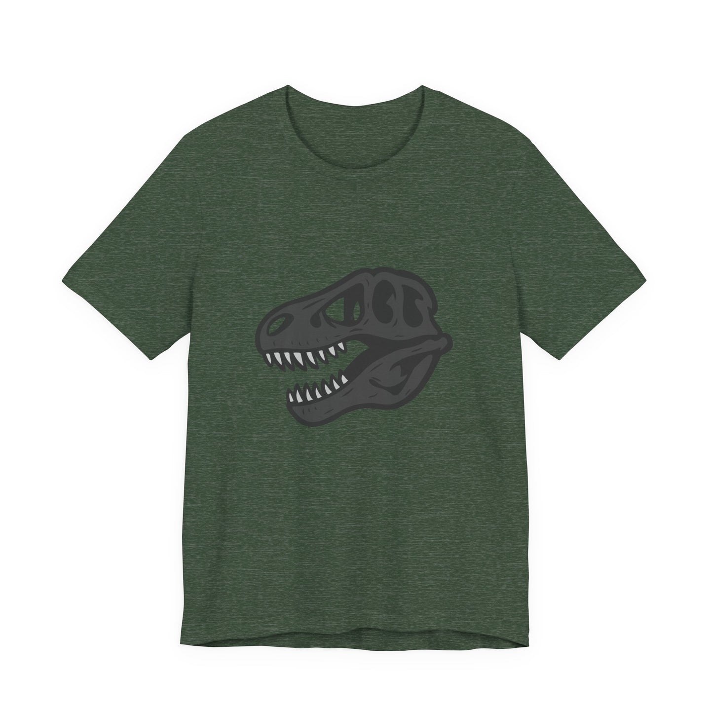 T-Rex Skull Graphic T-Shirt – Dark Theme Grayscale Dinosaur Skeleton Design on Black Tee with Prehistoric Edge and Modern Ghost Effect. Unisex Jersey Short Sleeve Tee