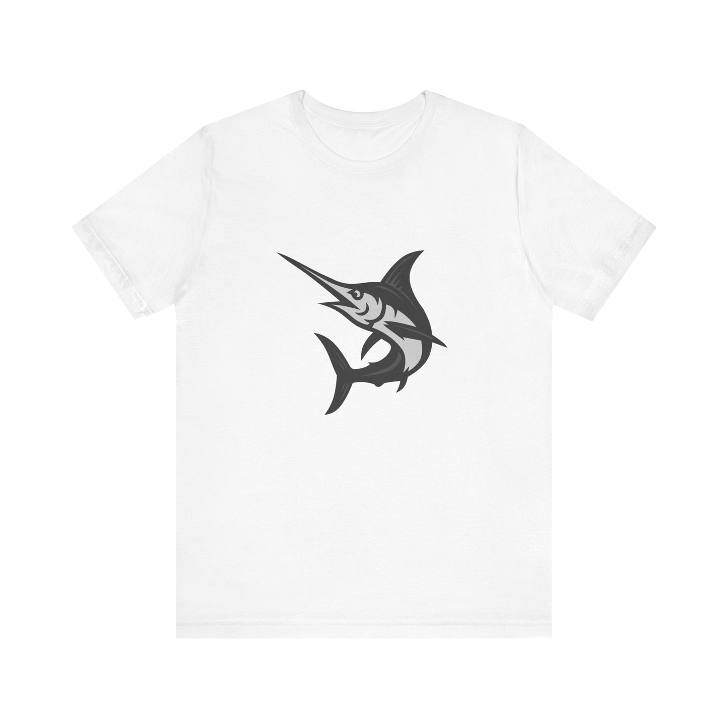 Swordfish Graphic T-Shirt – Dark Theme Grayscale Ocean Predator Design on Black Tee with Streamlined Power and Modern Ghost Effect. Unisex Jersey Short Sleeve Tee
