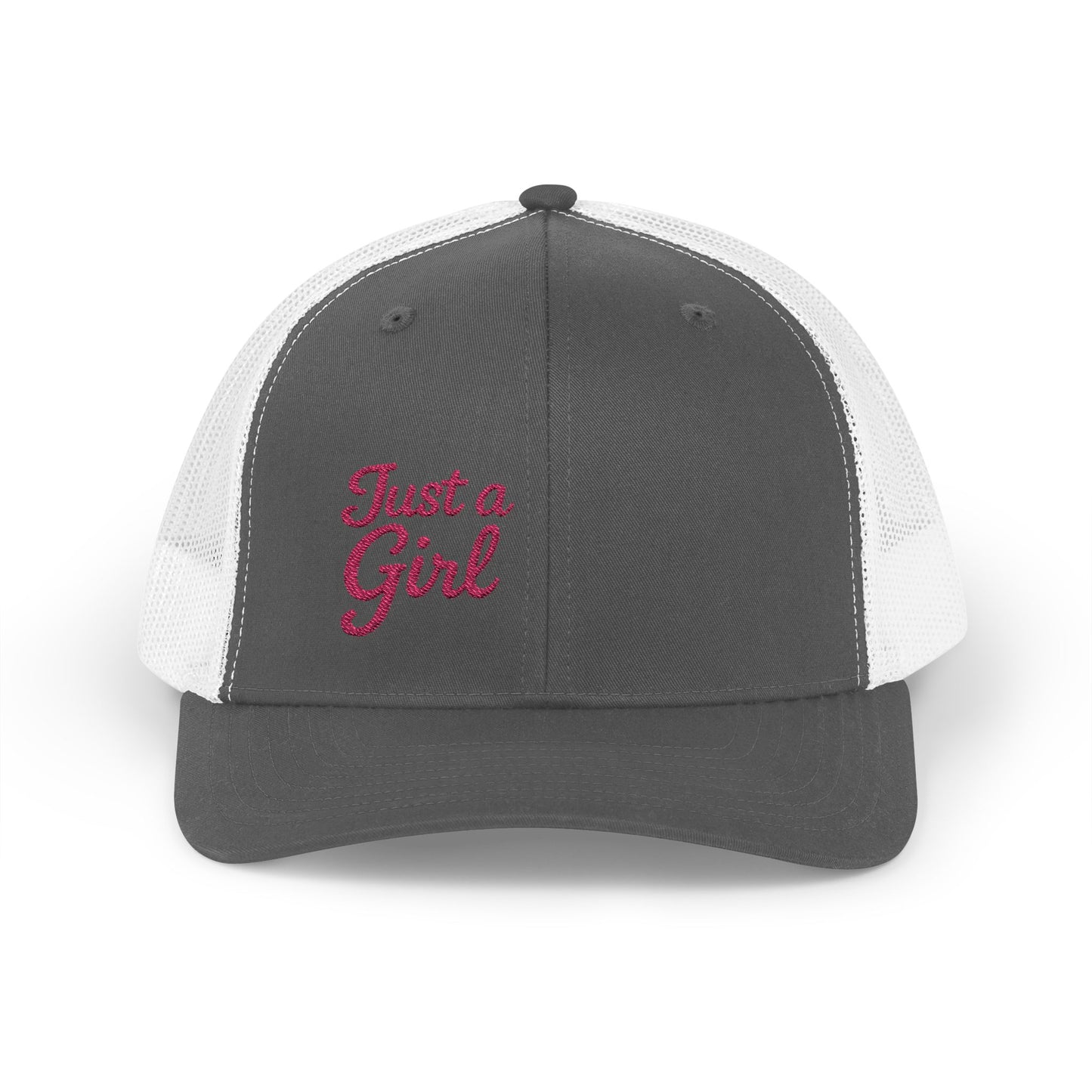 Just a Girl Trucker Hat – Minimalist Script Hat with Bold Feminine Energy and Classic Style. Pink Letters