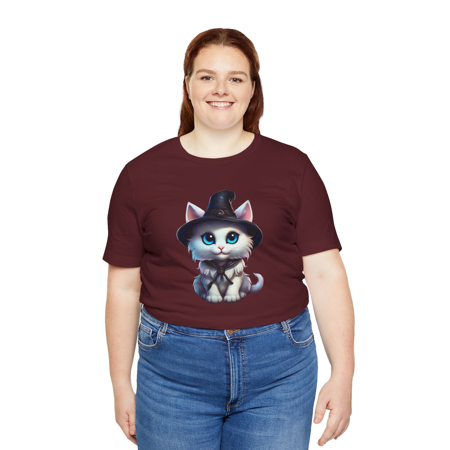 Adorable Witch Cat Halloween Shirt – Cute White Cat in Hat Graphic Tee for Cat Lovers and Halloween Fans
