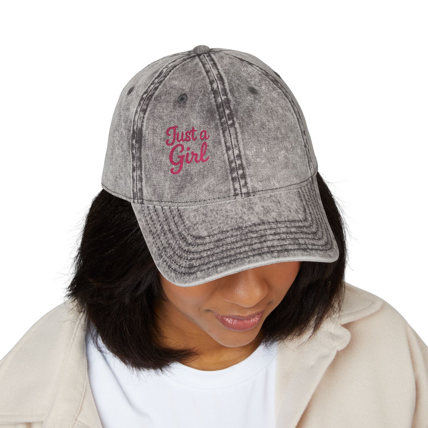 Just a Girl Vintage Hat – Minimalist Script Hat with Bold Feminine Energy and Classic Style
