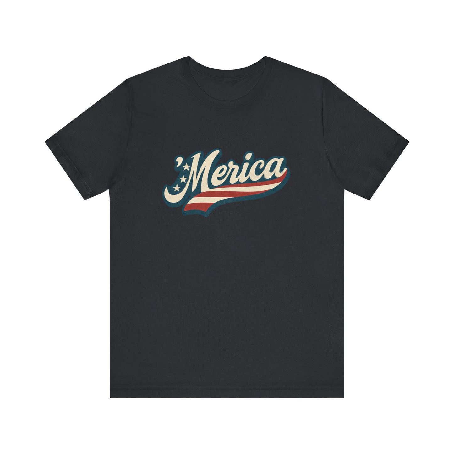 'Merica Vintage Script Shirt – Patriotic Retro USA Tee for 4th of July – Independence Day American Pride Design. Unisex Jersey Short Sleeve Tee