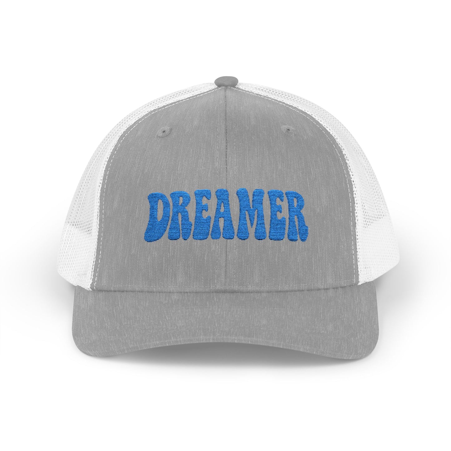 Dreamer Trucker Hat – Embroidered Minimalist Script Hat for Visionaries, Creatives, and Chill Daydreamers. Blue Letters