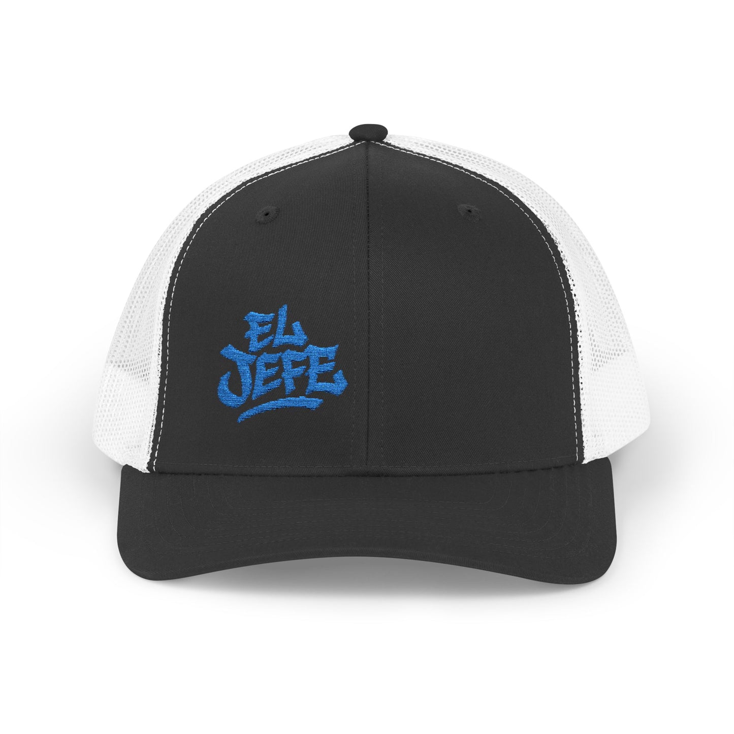 El Jefe Trucker Hat – Embroidered Bold Text Hat for Boss Energy, Leadership Style, and Latin Flair. Blue Letters
