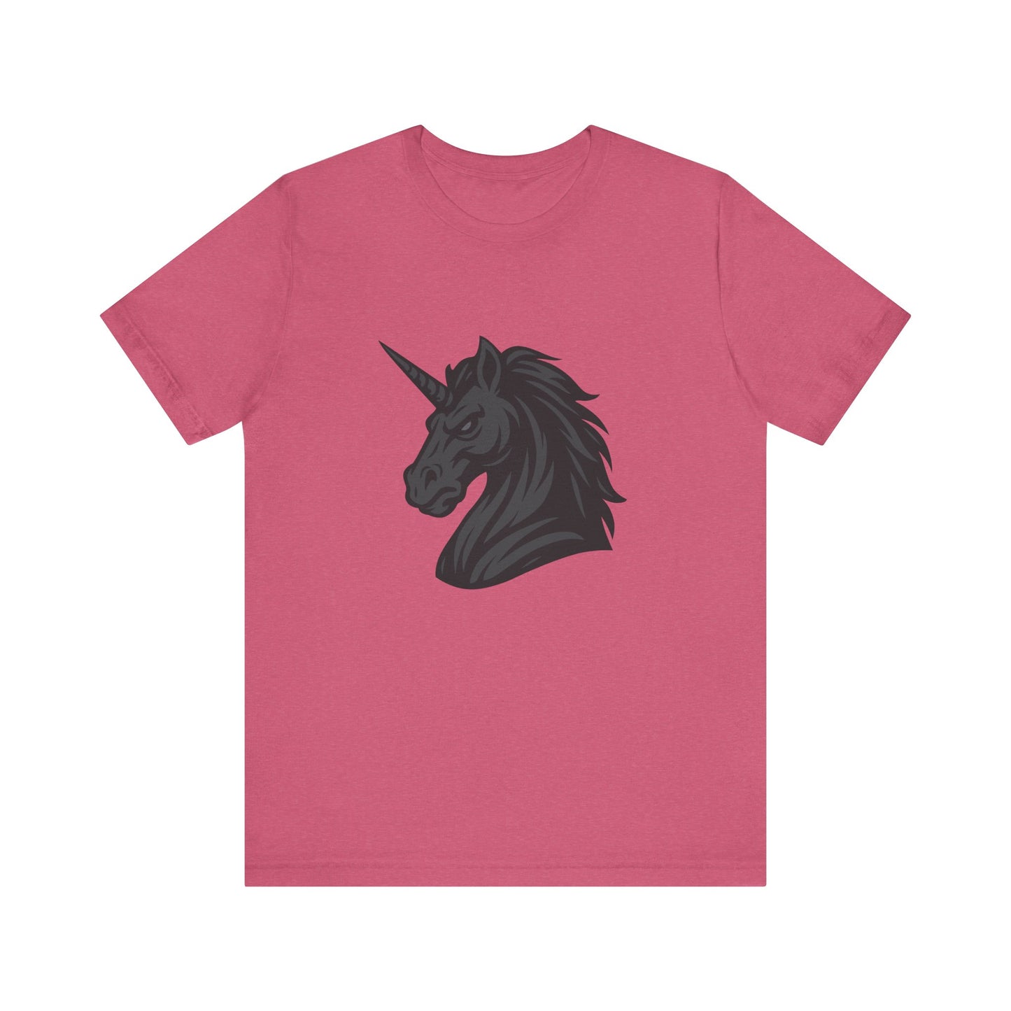 Dark Unicorn Profile T-Shirt – Dark Theme Grayscale Fierce Mythical Horse Design on Black Tee with Gothic Magic and Modern Ghost Effect. Unisex Jersey Short Sleeve Tee