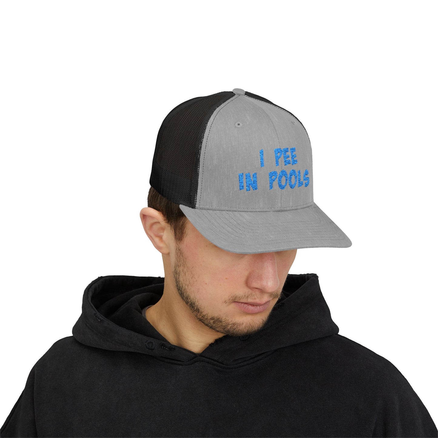 I Pee In Pools Trucker Hat – Funny Hat with Bold Blue Text for Lifeguard Terrors and Poolside Menaces