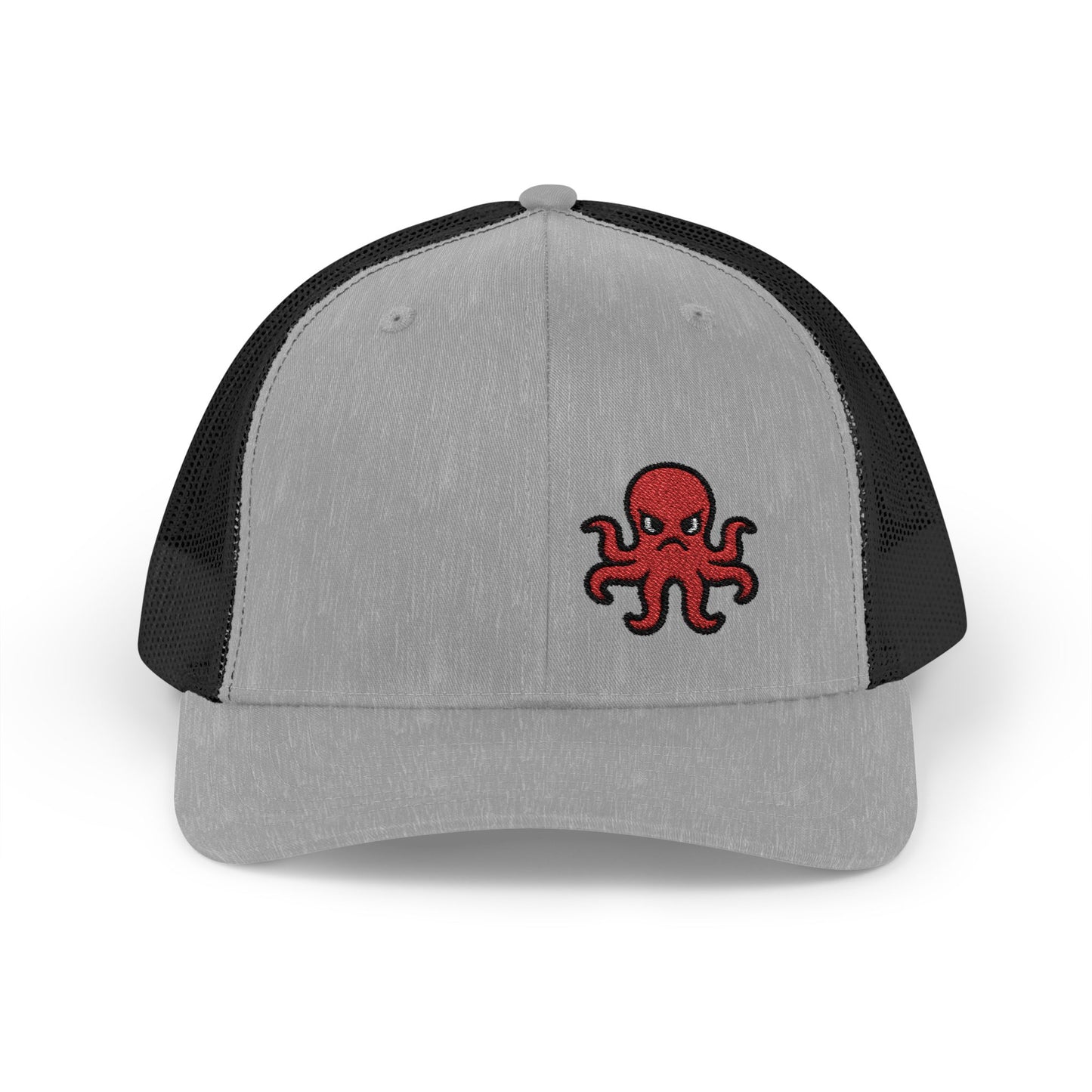 Angry Octopus Trucker Hat – Embroidered Red Sea Creature Hat with Cartoon Vibes and Bold Attitude