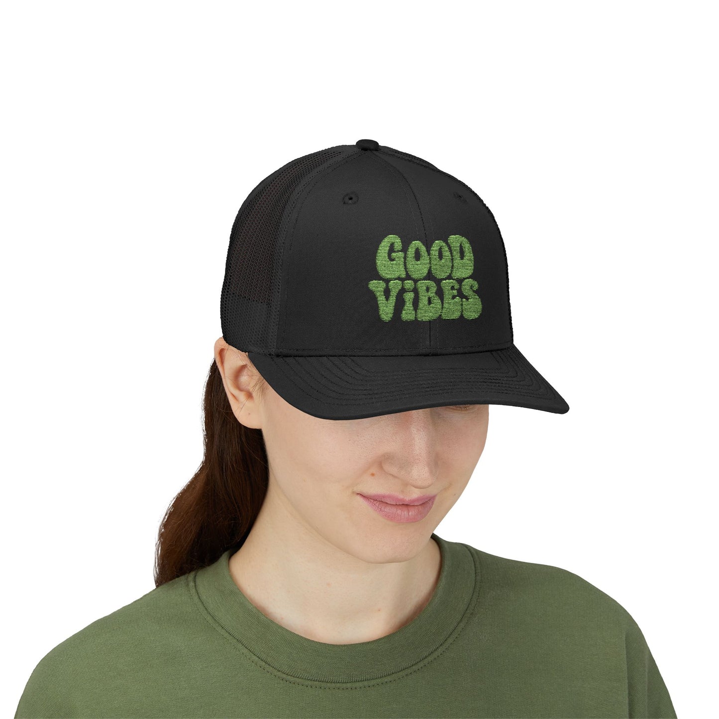 Good Vibes Trucker Hat – Embroidered Retro Text Hat for Positive Vibes, Chill Style, and Everyday Feel-Good Energy. Green Letters