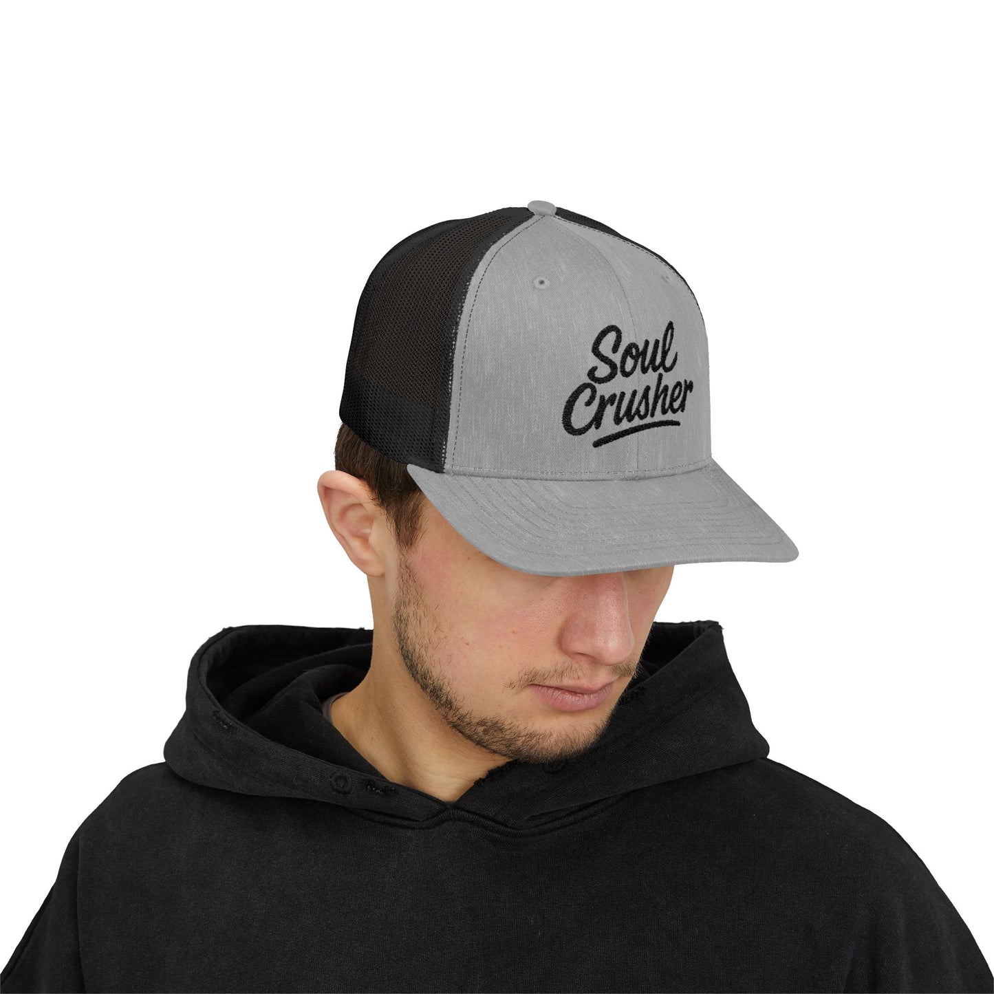 Soul Crusher Trucker Hat – Clean Script Hat with Bold Edge for Heartbreakers, Villains, and Power Moves. Black Letters