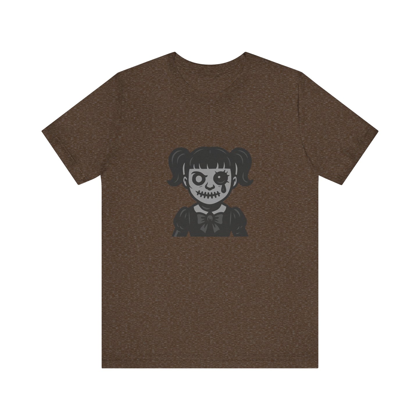 Scary Doll Graphic T-Shirt – Dark Theme Grayscale Creepy Cute Girl Design on Black Tee with Haunted Vibes and Modern Ghost Effect. Unisex Jersey Short Sleeve Tee