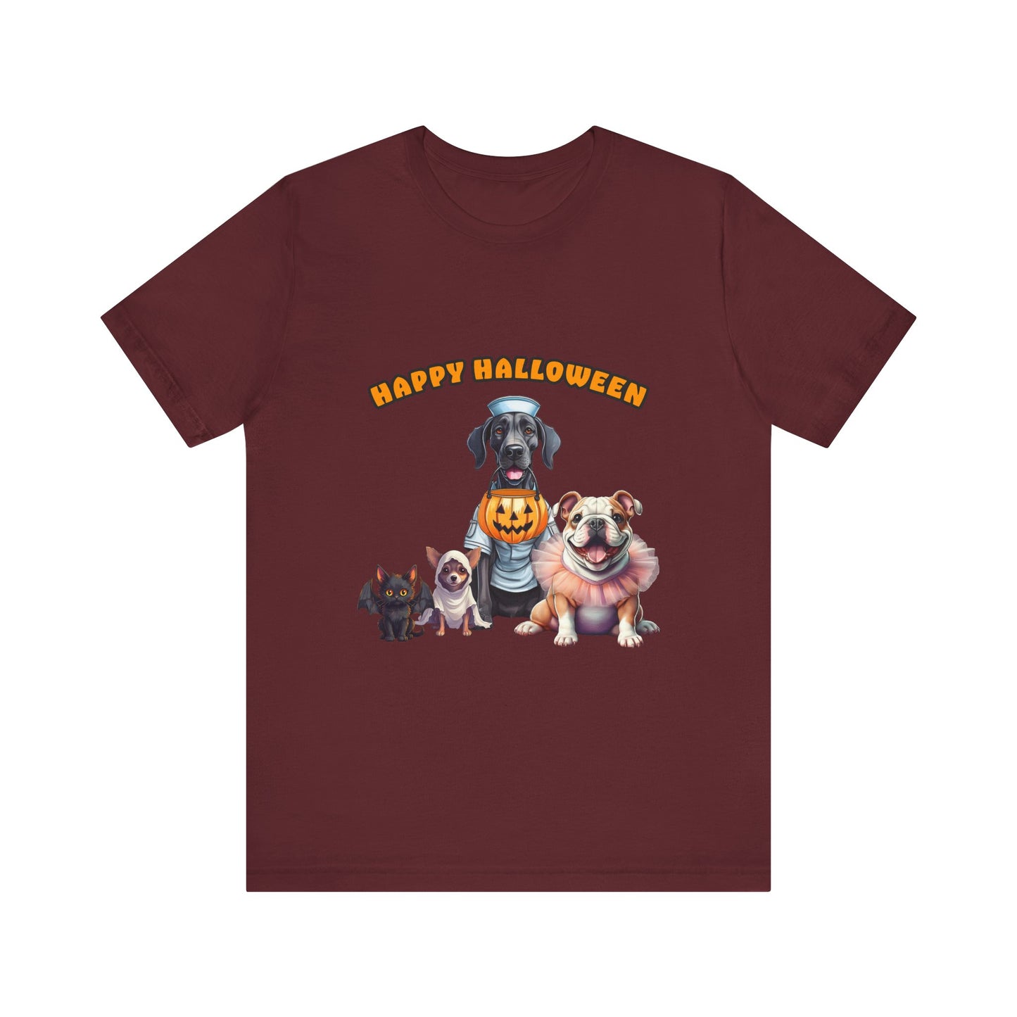 Happy Halloween Pet Parade Shirt – Cute Halloween Dogs and Cat in Costumes. Unisex Jersey Short Sleeve Tee
