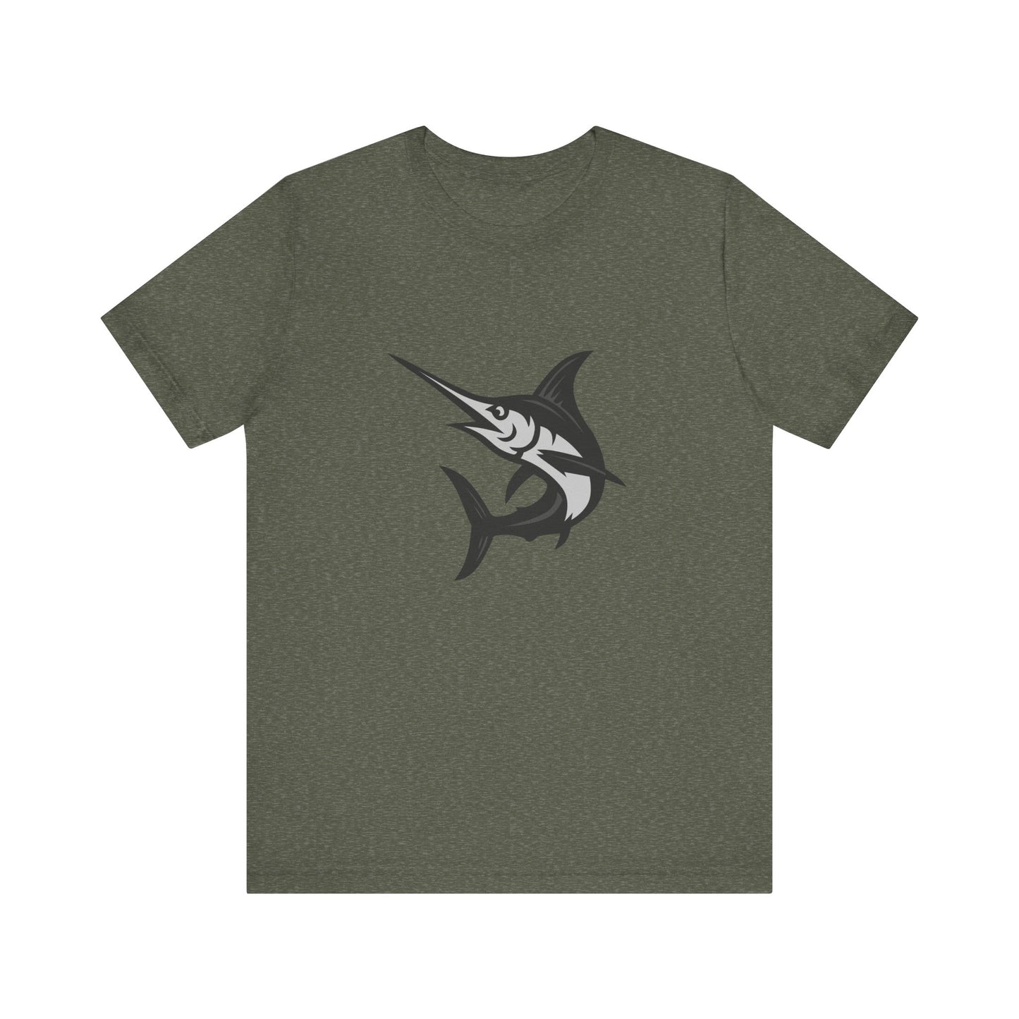 Swordfish Graphic T-Shirt – Dark Theme Grayscale Ocean Predator Design on Black Tee with Streamlined Power and Modern Ghost Effect. Unisex Jersey Short Sleeve Tee