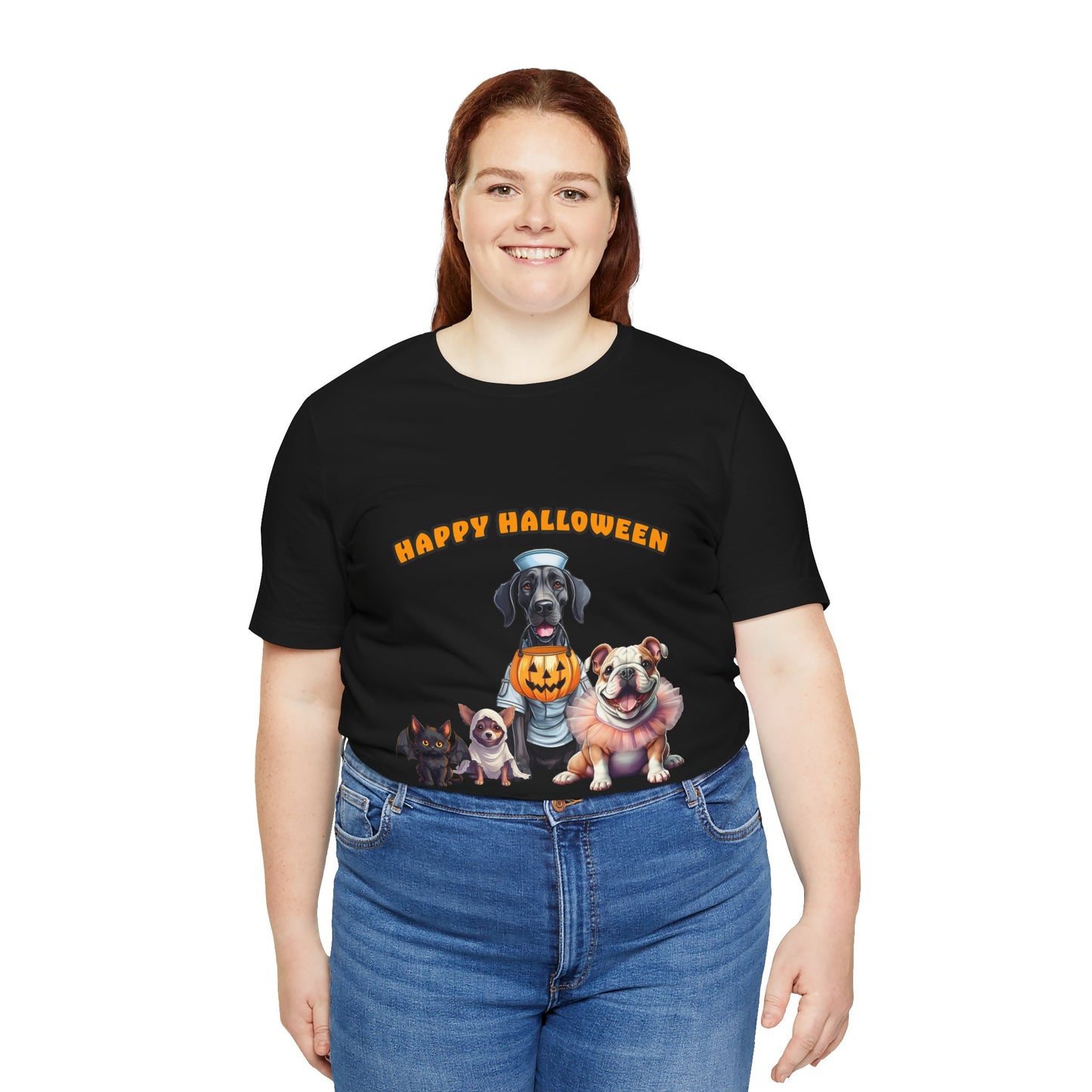 Happy Halloween Pet Parade Shirt – Cute Halloween Dogs and Cat in Costumes. Unisex Jersey Short Sleeve Tee