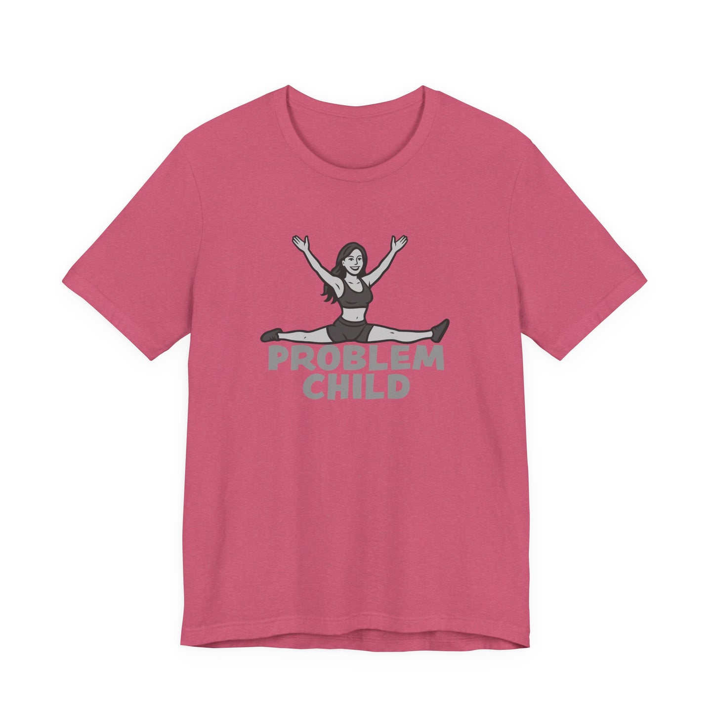 Problem Child Graphic Tee Cheerful Rebel Jump Pose in Bold Dark Theme Monochrome Style. Unisex Jersey Short Sleeve Tee