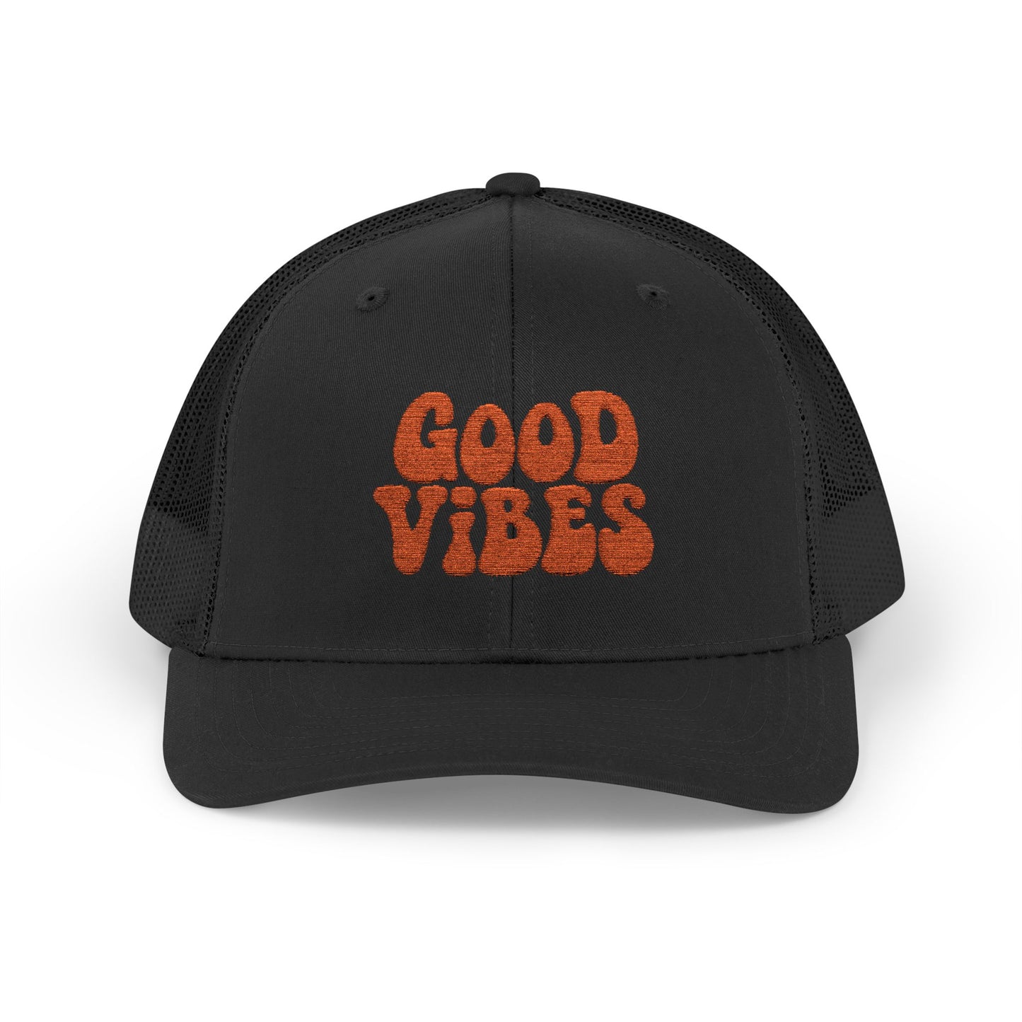 Good Vibes Trucker Hat – Embroidered Retro Text Hat for Positive Vibes, Chill Style, and Everyday Feel-Good Energy. Orange Letters