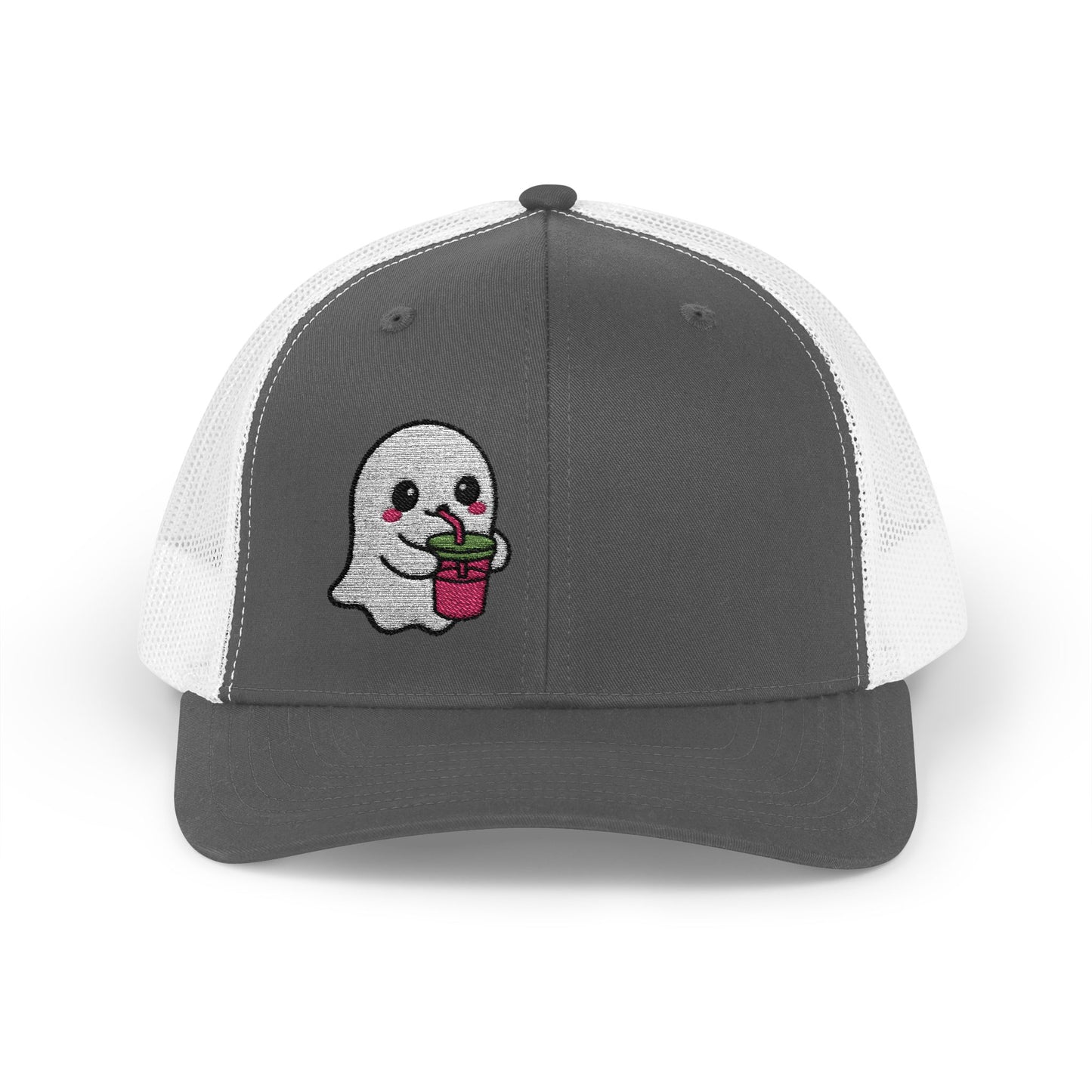 Cute Ghost Trucker Hat – Embroidered Kawaii Ghost Drinking Hat for Halloween Vibes and Everyday Boo Energy