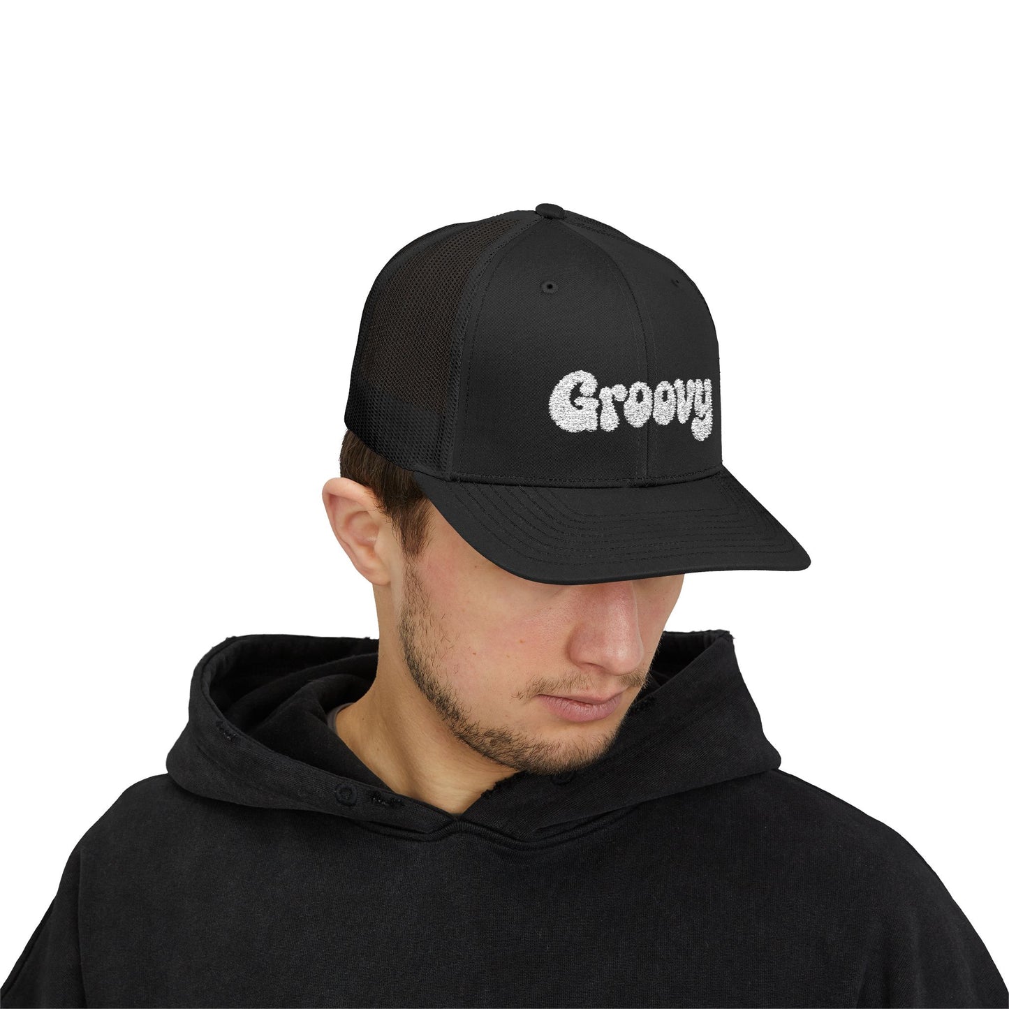 Groovy Trucker Hat – Retro Embroidered Hat with 70s Style Font for Funky Vibes, Chill Days, and Vintage Cool. White Letters