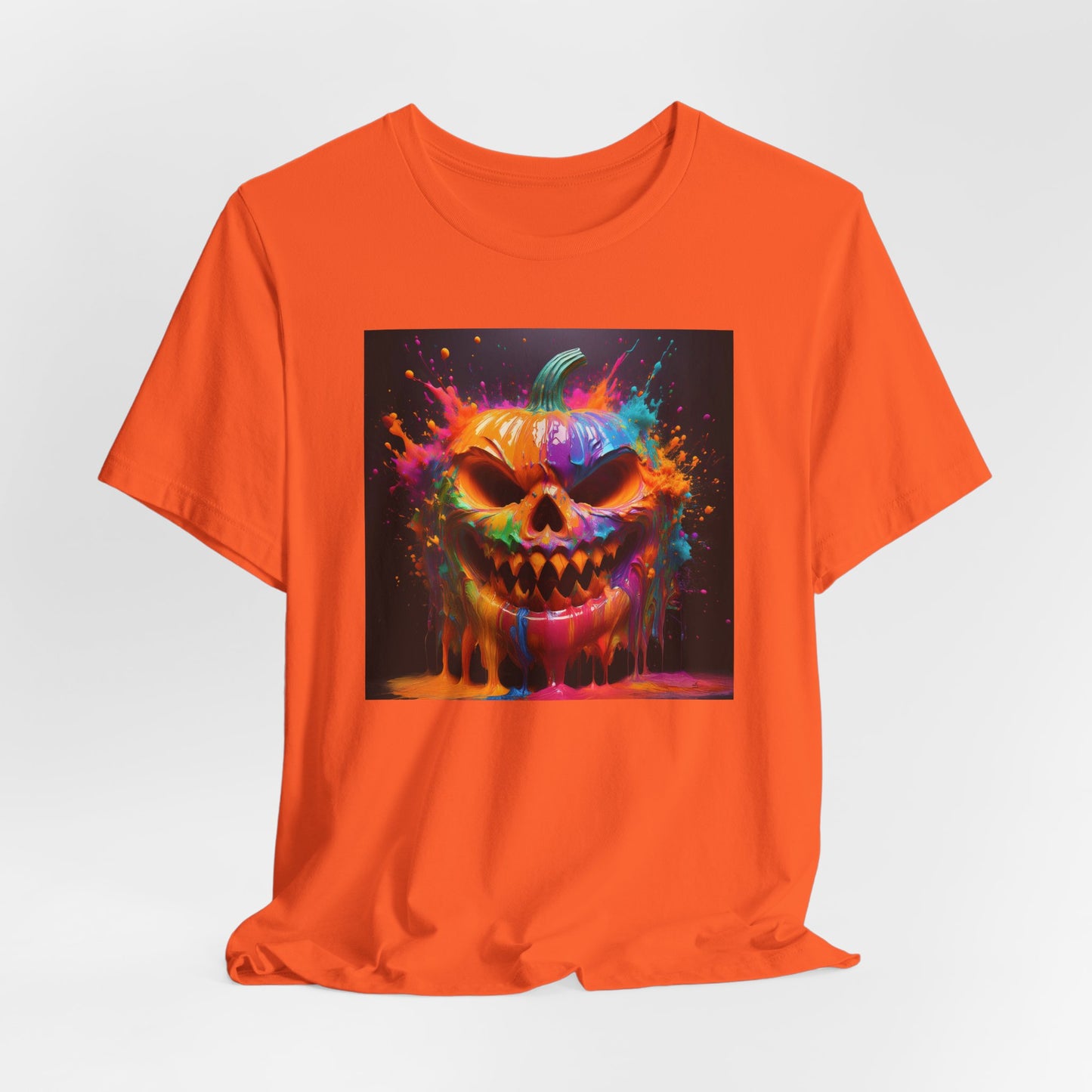 Neon Splatter Pumpkin Halloween Shirt – Vibrant Dripping Jack-o’-Lantern Graphic Tee for Bold Spooky Style