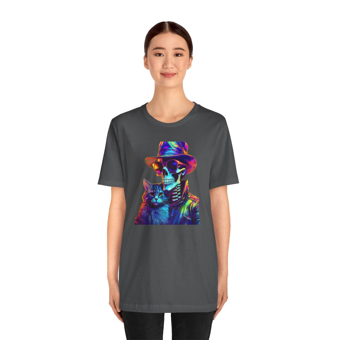 Cool Skeleton and Cat Halloween Shirt – Neon Retro Horror Graphic Tee for Spooky Style and Cat Lovers