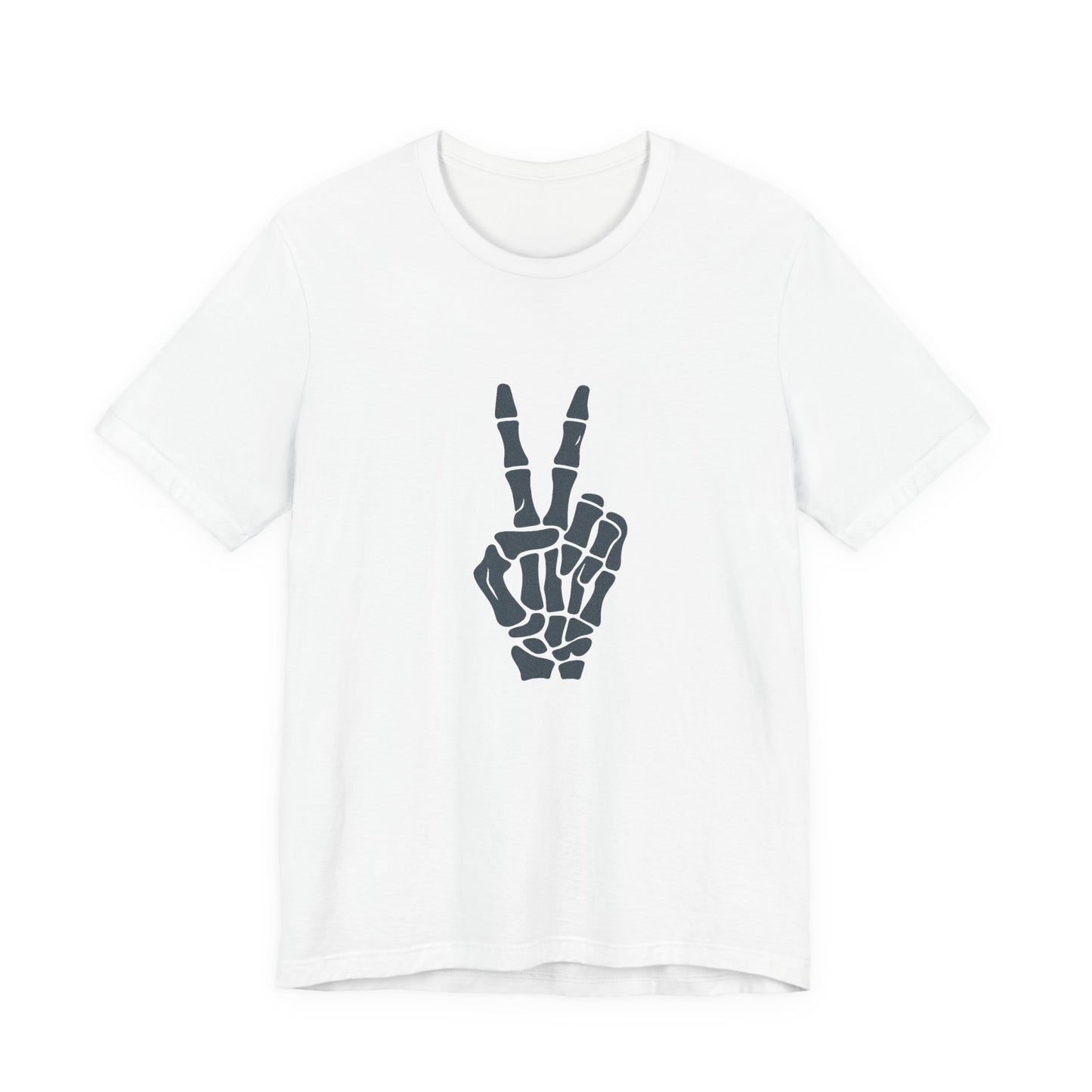 Skeleton Peace Hand Graphic T-Shirt – Gritty Dark Theme Grayscale Bones on Black Tee with Rebellious Calm and Modern Ghost Effect. Unisex Jersey Short Sleeve Tee