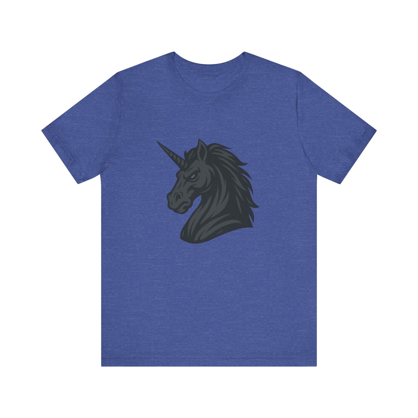 Dark Unicorn Profile T-Shirt – Dark Theme Grayscale Fierce Mythical Horse Design on Black Tee with Gothic Magic and Modern Ghost Effect. Unisex Jersey Short Sleeve Tee