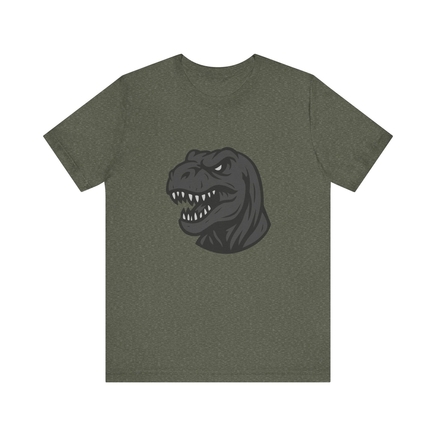 T-Rex Profile Graphic T-Shirt – Dark Theme Grayscale Dinosaur Head on Black Tee with Prehistoric Power and Modern Ghost Effect. Unisex Jersey Short Sleeve Tee