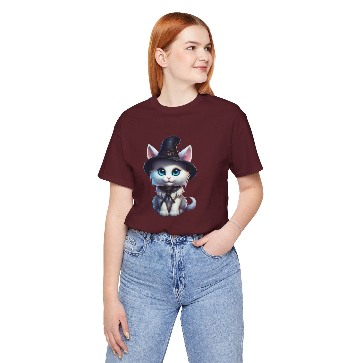 Adorable Witch Cat Halloween Shirt – Cute White Cat in Hat Graphic Tee for Cat Lovers and Halloween Fans