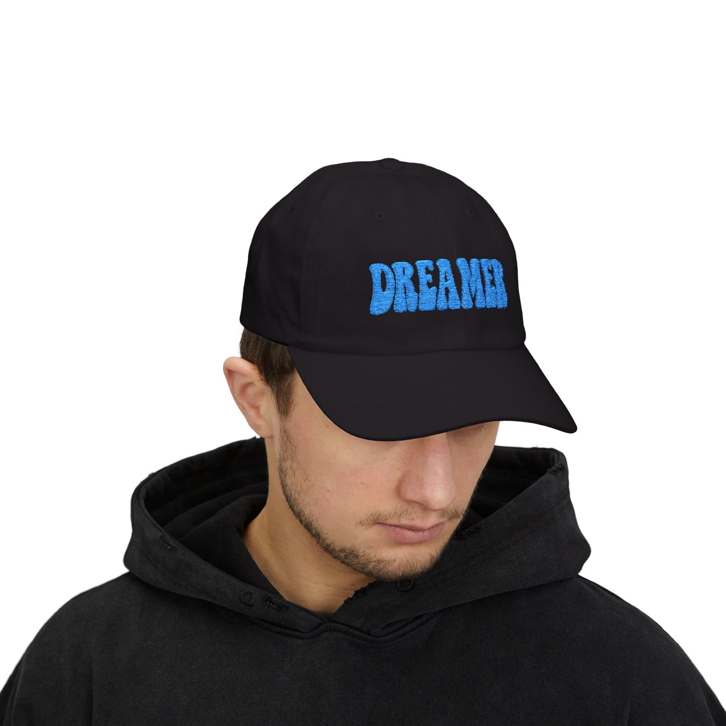 Dreamer Classic Dad Hat – Embroidered Minimalist Script Hat for Visionaries, Creatives, and Chill Daydreamers. Blue Letters