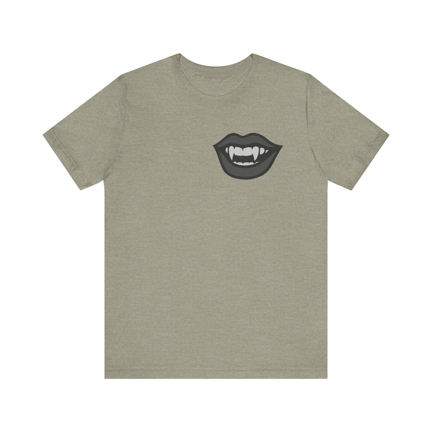 Vampire Mouth Graphic T-Shirt – Dark Theme Grayscale Fanged Lips on Black Tee with Gothic Bite and Modern Ghost Effect. Unisex Jersey Short Sleeve Tee